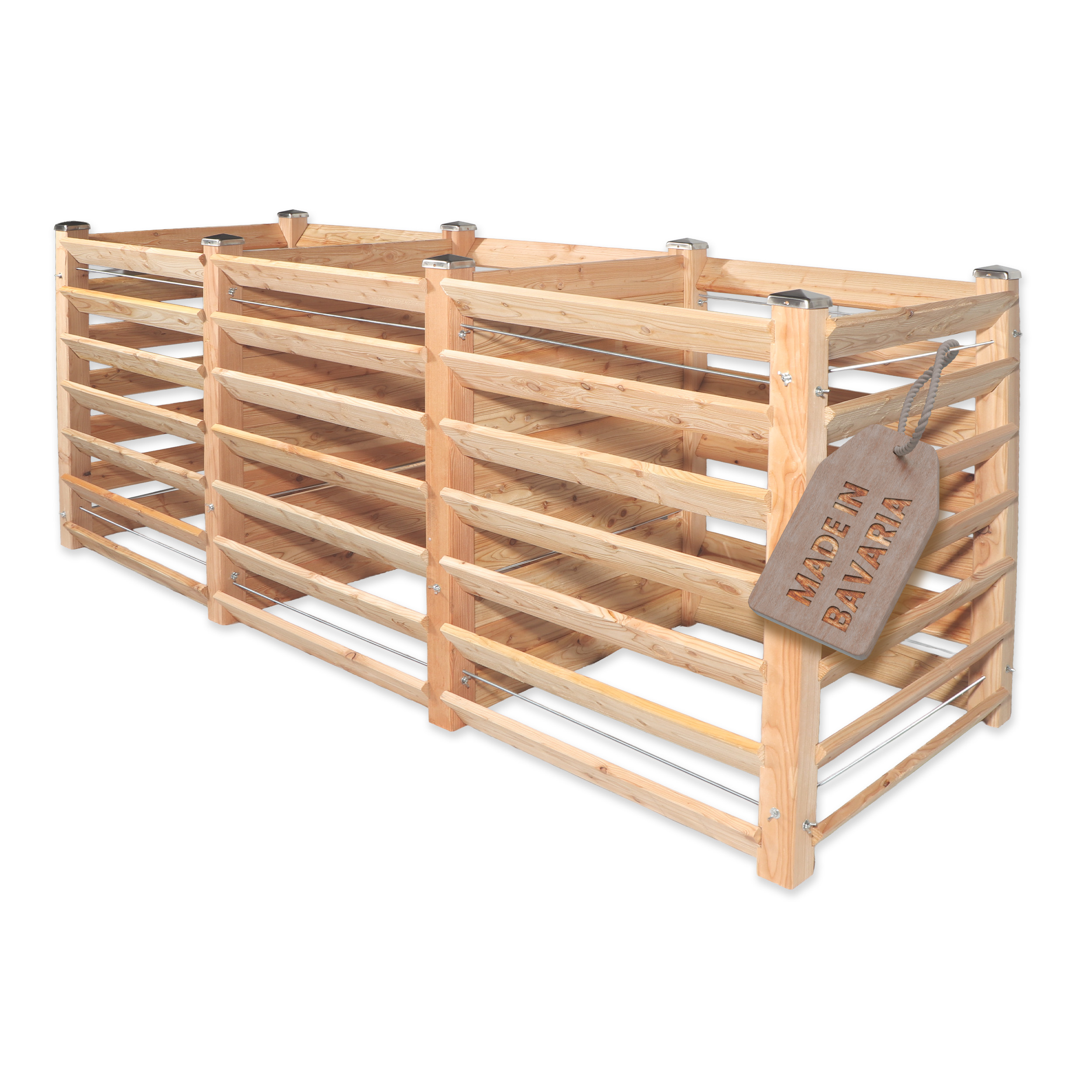 Moderner Komposter Trio aus Lärchenholz 120x346xH100 cm mit Stecksystem