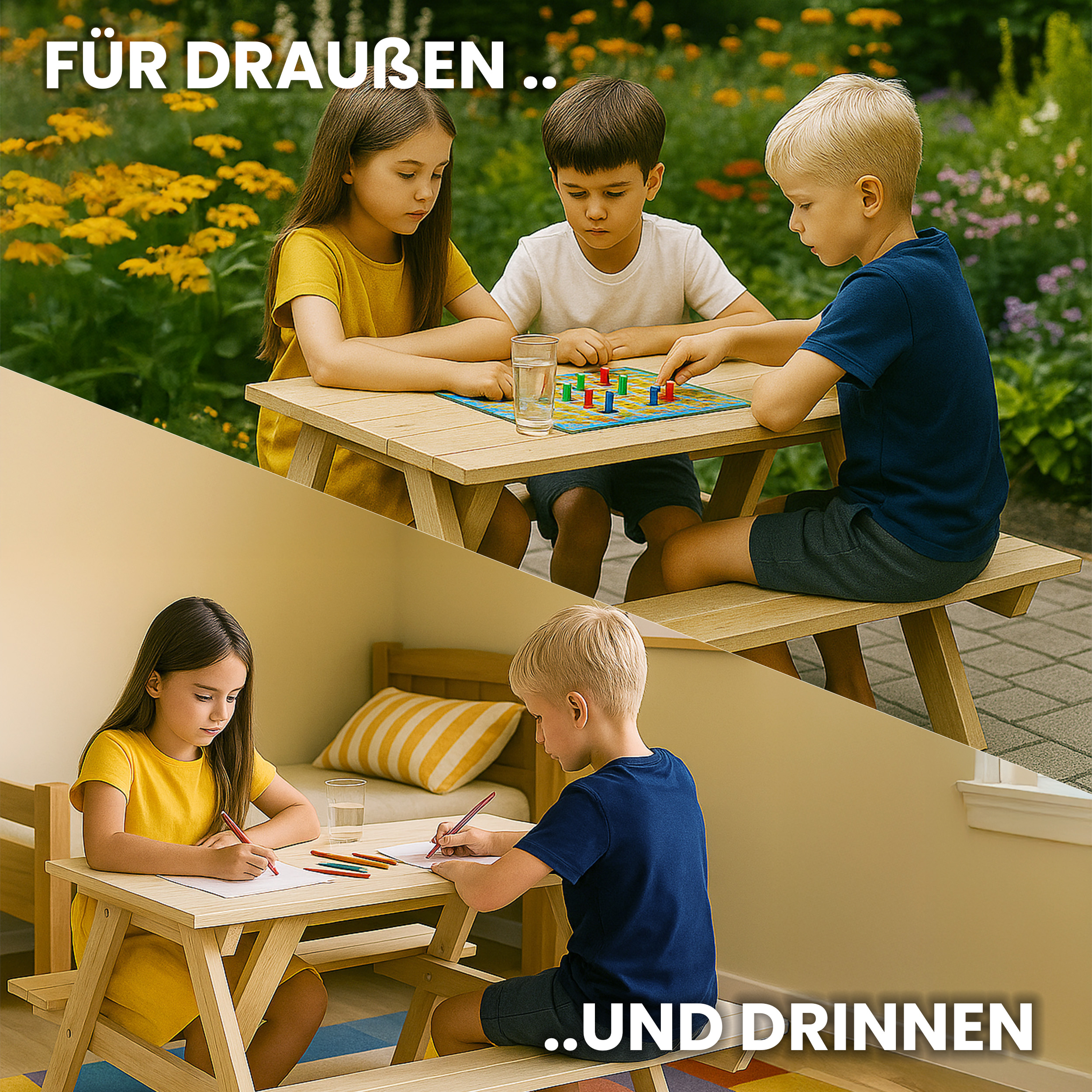 Kindersitzgarnitur Picknicktisch mit 2 Bänken Sitzgruppe Gartenmöbel Outdoor Kindersitzgarnitur Picknicktisch mit 2 Bänken Sitzgruppe Gartenmöbel Outdoor