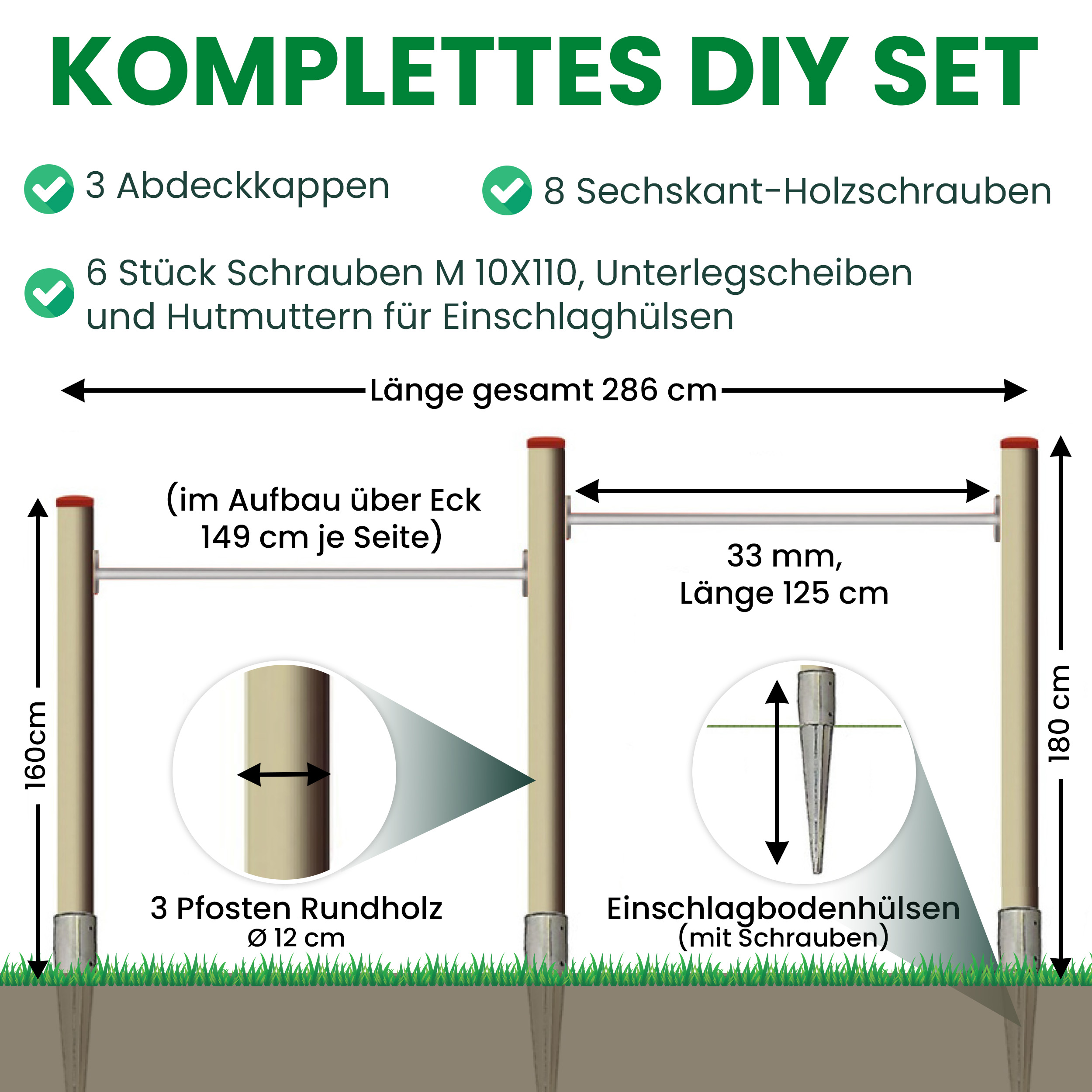 6WKpya036sGMQS Turnreck aus Lärchenholz ⌀ 12 cm mit Edelstahl-Reckstange und Einschlaghülsen