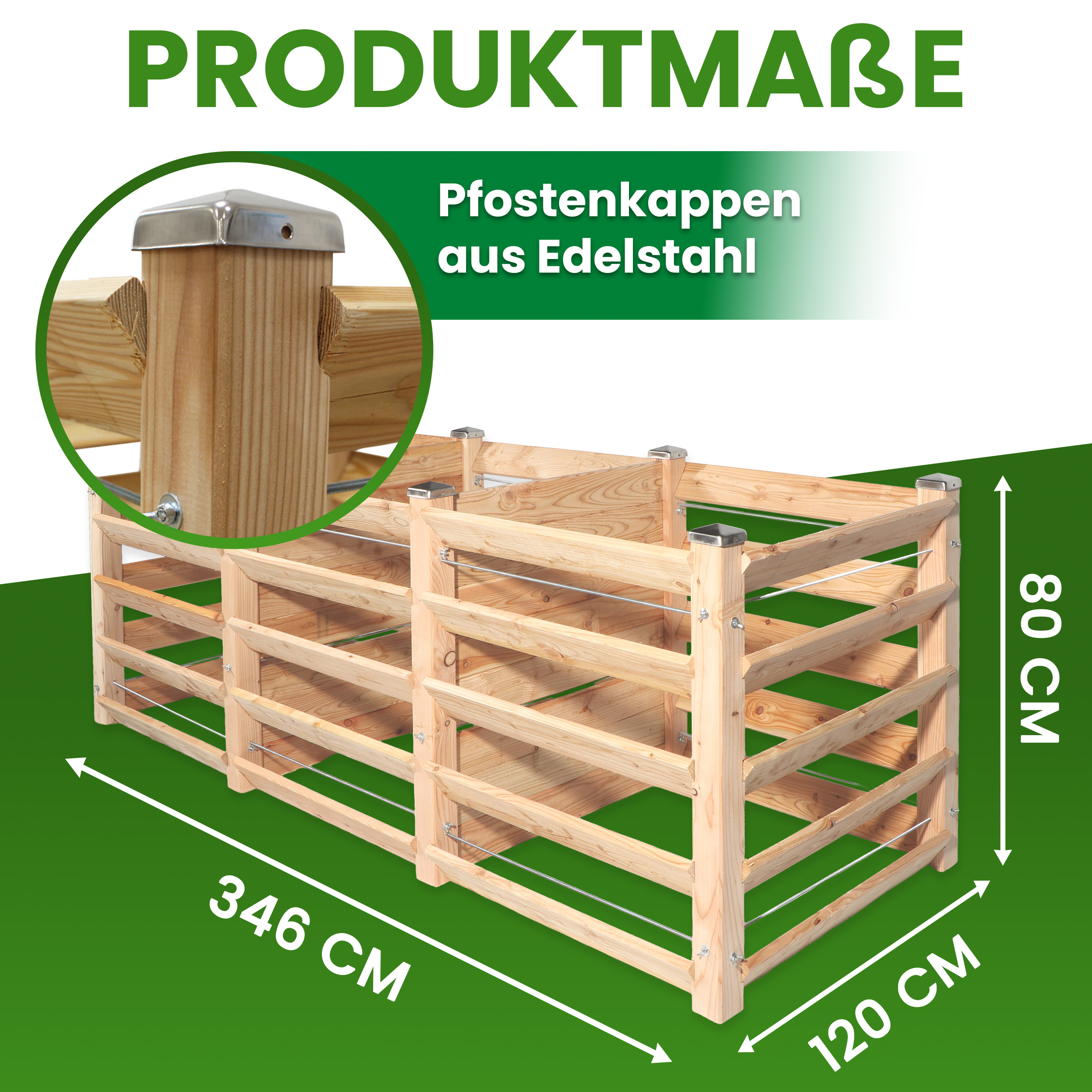 Moderner Komposter Trio aus Lärchenholz 120x346xH80 cm mit Stecksystem