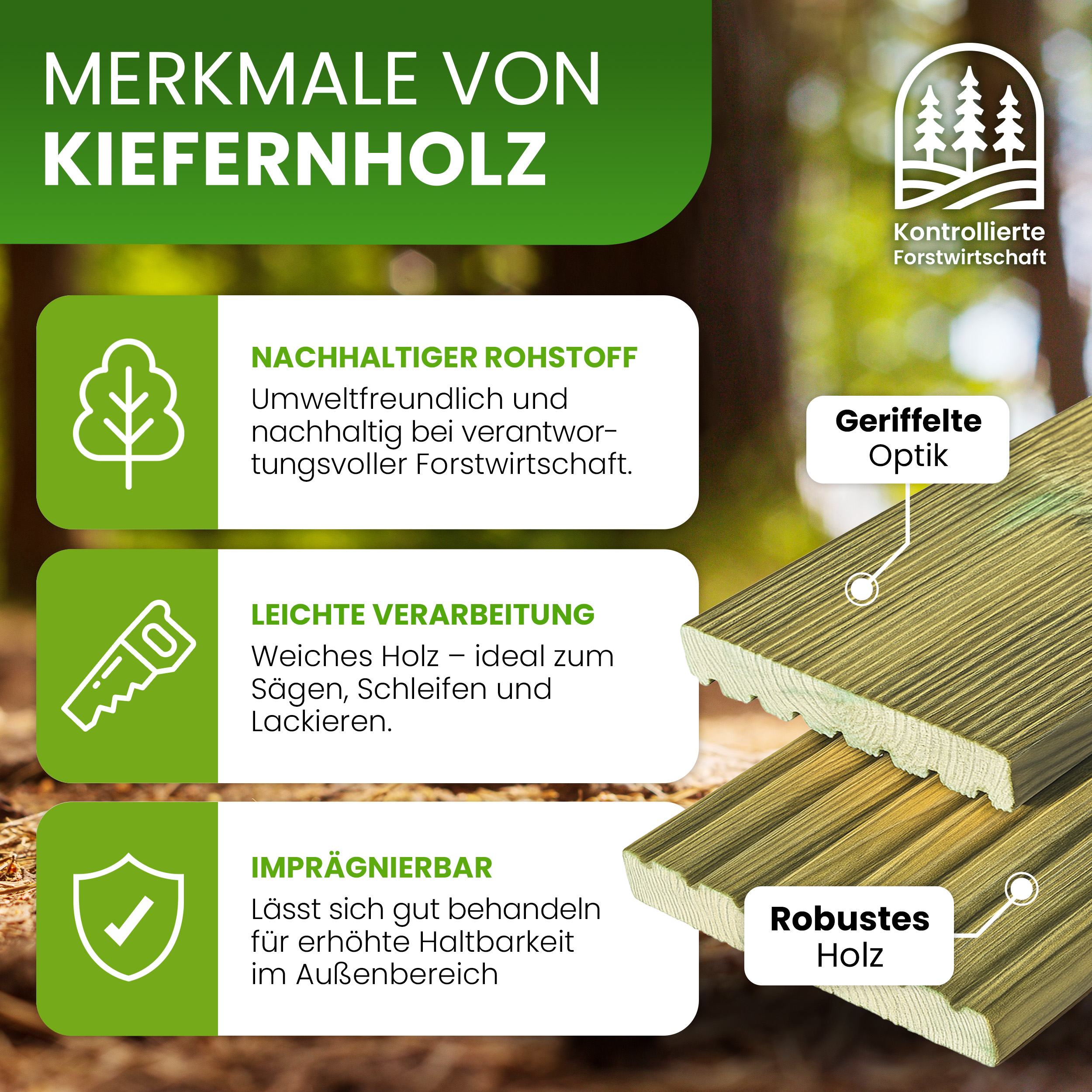 Terrassendiele 27x145 mm grob / fein geriffelt Kiefer imprägniert Bretter