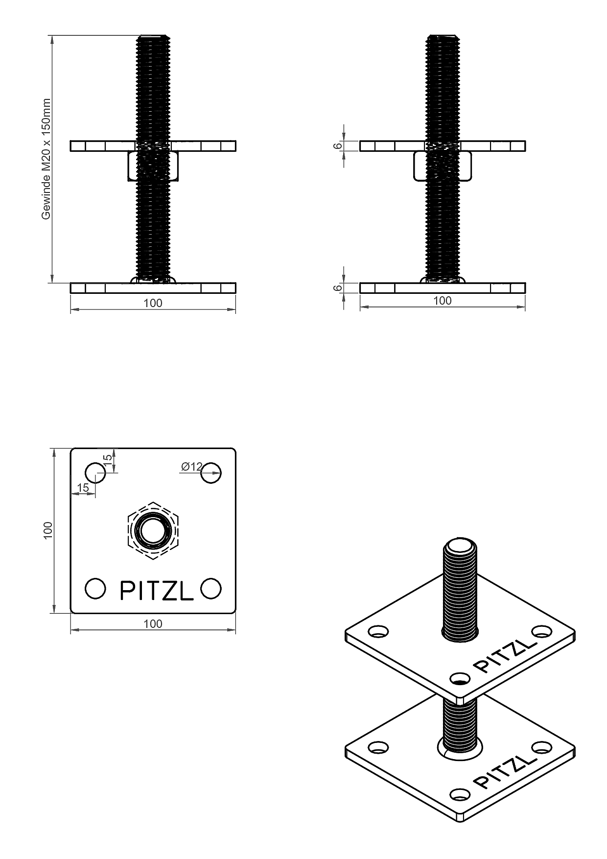 Pitzl Pfostenträger Gewindestangen Typ 11009., ZiNiP beschichtet