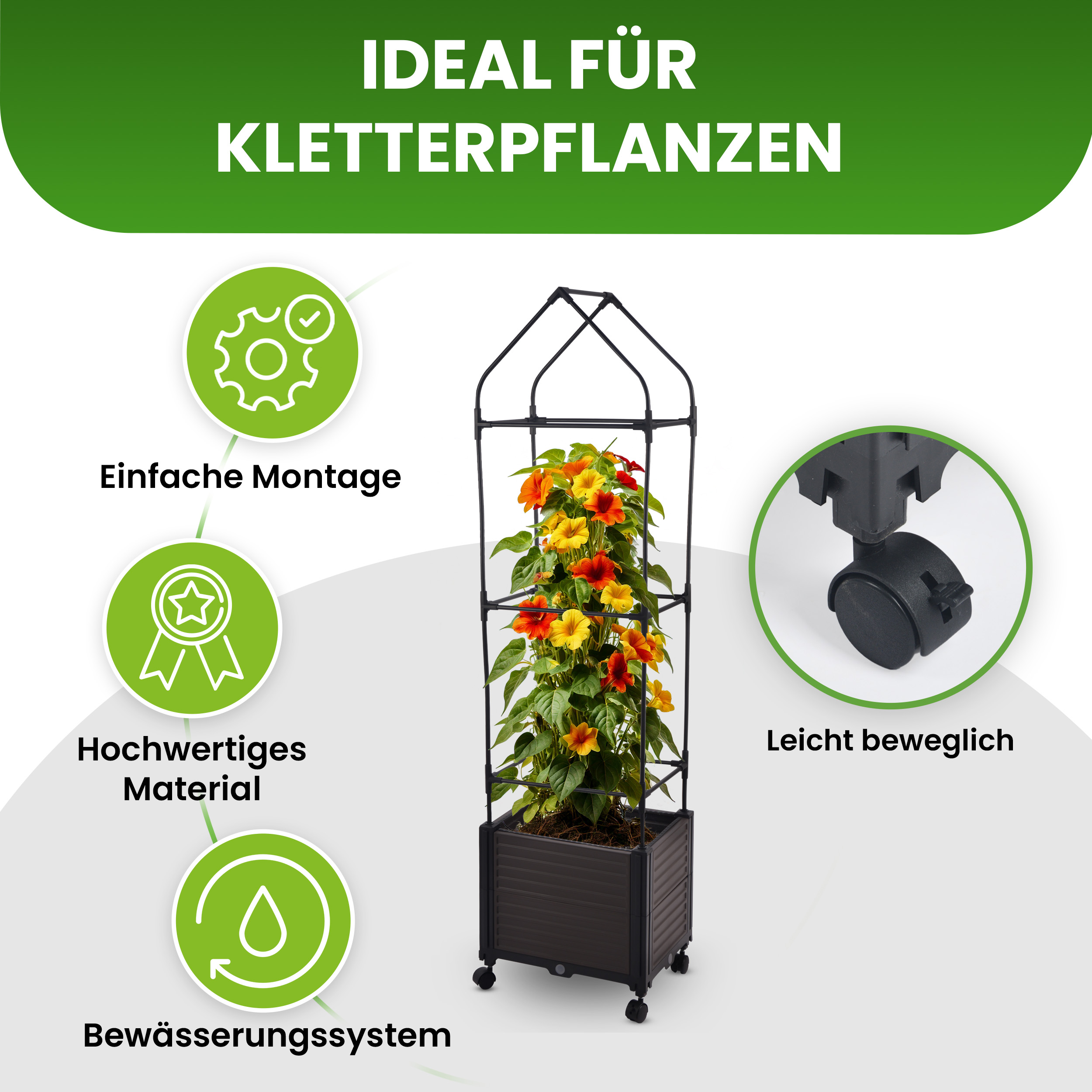 Blumenkasten Set mit Rankhilfe 3 Ebenen 42x30xH160 cm Pflanzkasten auf Rädern für Garten Terrasse Blumenkasten Set mit Rankhilfe 3 Ebenen 42x30xH160 cm Pflanzkasten auf Rädern für Garten Terrasse