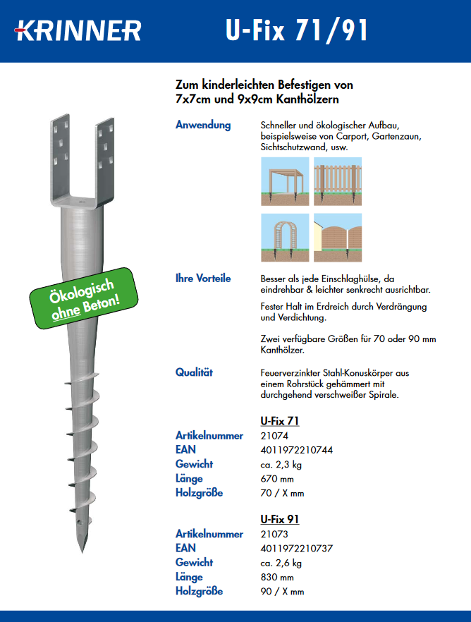 krinner_3 KRINNER U-Fix Eindrehanker 71 mm für Pfosten 70 mm Schraubfundament 8 Stück (1 Karton)