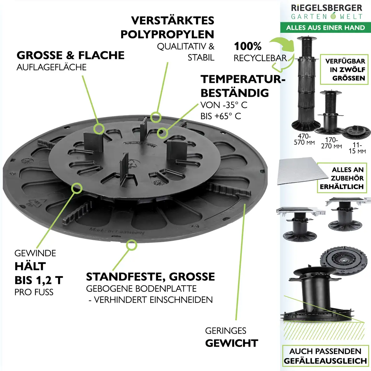 Plattenlager Premium 11–15 mm – flaches, höhenverstellbares Terrassenlager