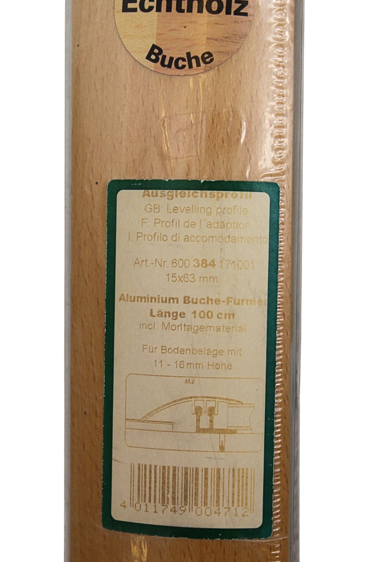 4_ Aluminium Buche-Furnier Ausgleichsprofil 15x63 mm Länge 100 cm für Bodenbeläge mit 11-16 mm Höhe