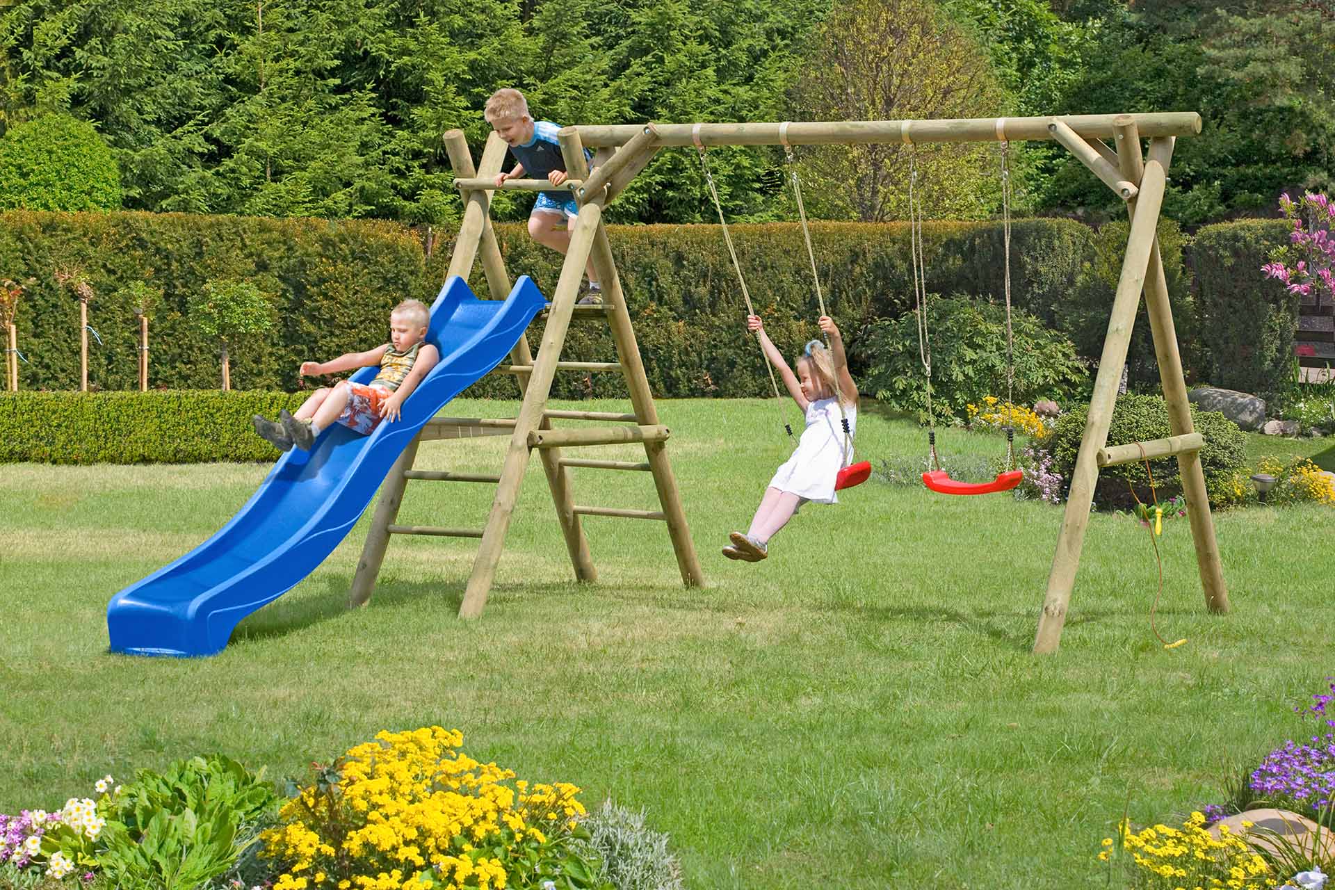 67140_Garten Schaukelkombination Heike Kiefer imprägniert Doppelschaukel mit zwei roten Schalensitzen TÜV geprüft