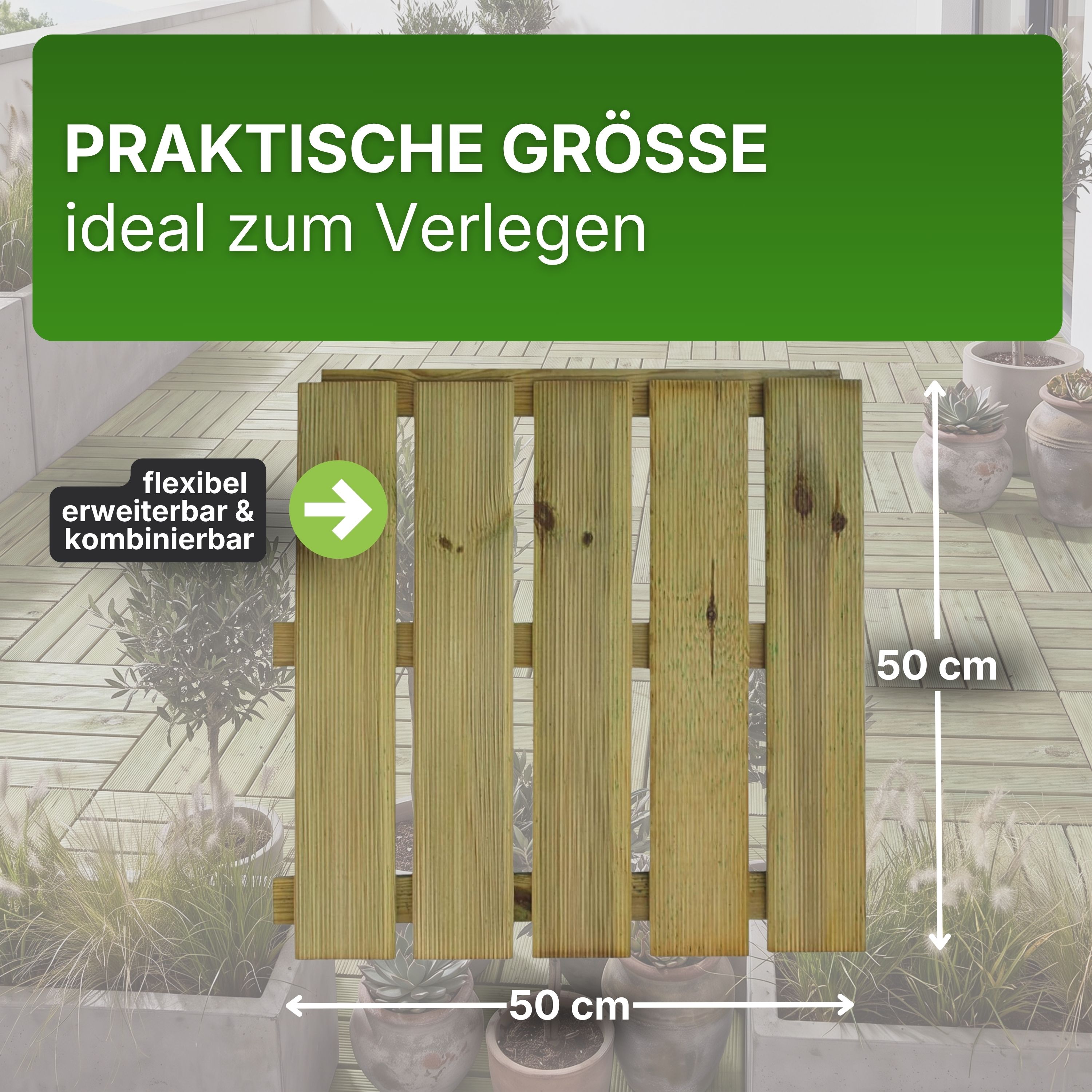Terrassenfliese aus Kiefernholz GRÜN imprägniert 50x50cm Holzfliese Balkonfliese Fliese Terrasse