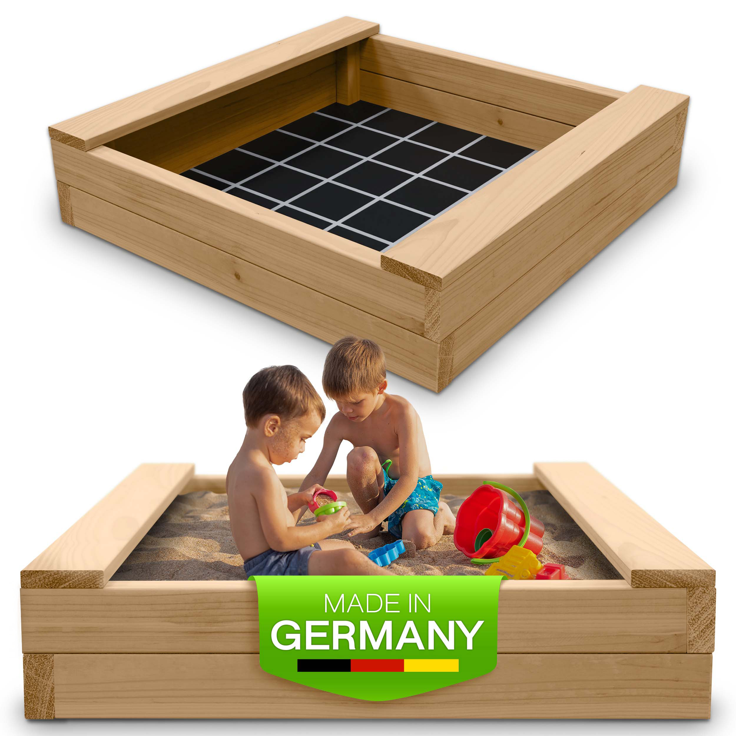 Sandkasten BULLE Lärche natur 45 mm inkl. Sitzbretter und Bodenplane Sandbox Sandkasten BULLE Lärche natur 45 mm inkl. Sitzbretter und Bodenplane Sandbox
