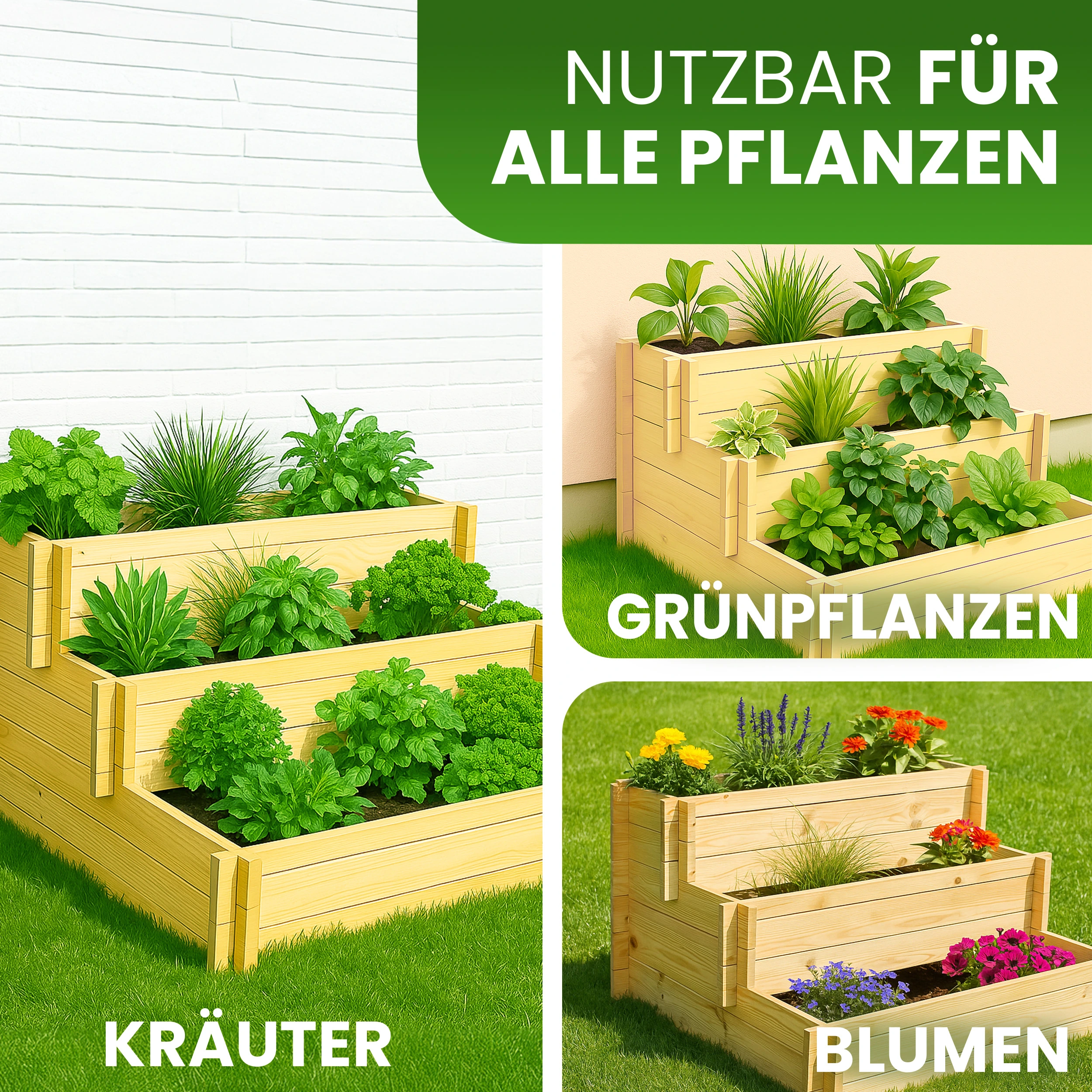 Stufenbeet aus Kiefer natur Pflanzkasten Beet für den Garten Pflanztreppe