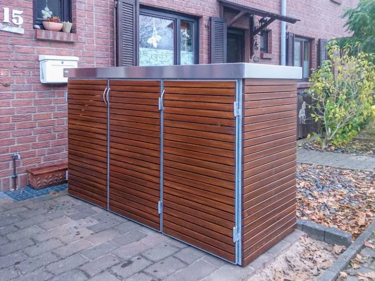 Muelltonnenschrank3byljaC6a4R8K4 Mülltonnenschrank-Systeme mit Drehtüren Stahlgestell Echtholz für 4 Mülltonnen 240 Liter