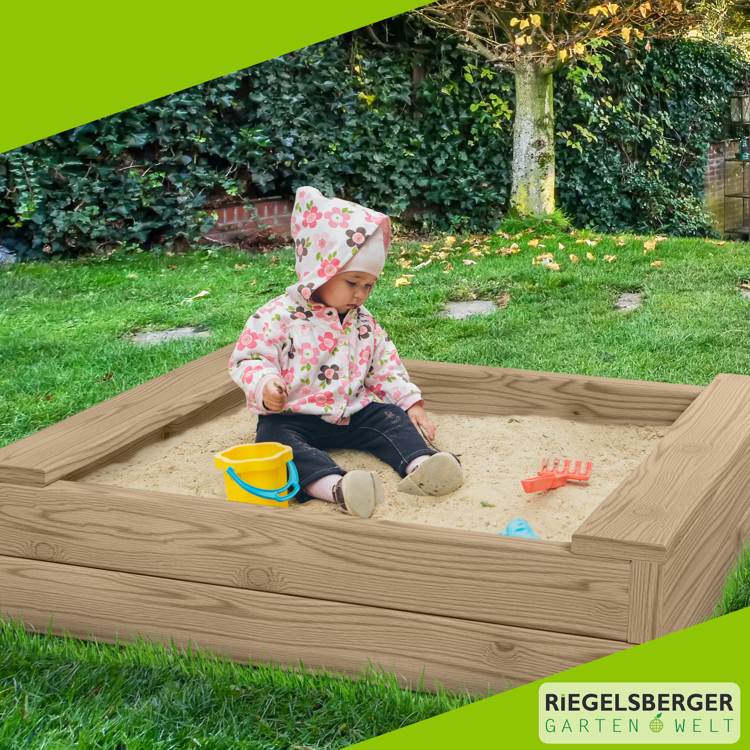 4k7S8EKH7m5EOq Sandkasten BULLE Lärche natur 45 mm inkl. Sitzbretter und Bodenplane Sandbox