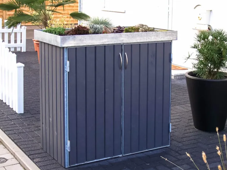 GruendachfdlUrMnenISKa Mülltonnenschrank mit Drehtüren Stahlblau für 2 Mülltonnen 120 Liter