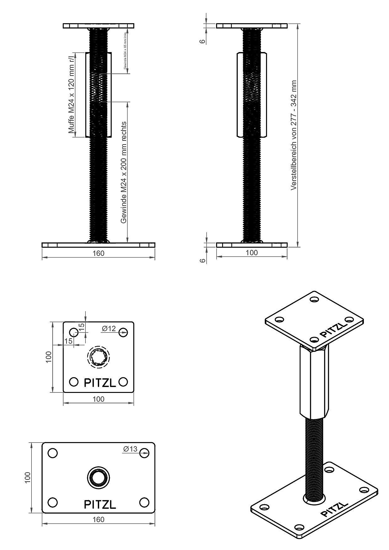Pitzl Pfostenträger ZiNiP beschichtet Typ 10920. Rechts/Links Gewinde quadratische Platte oben