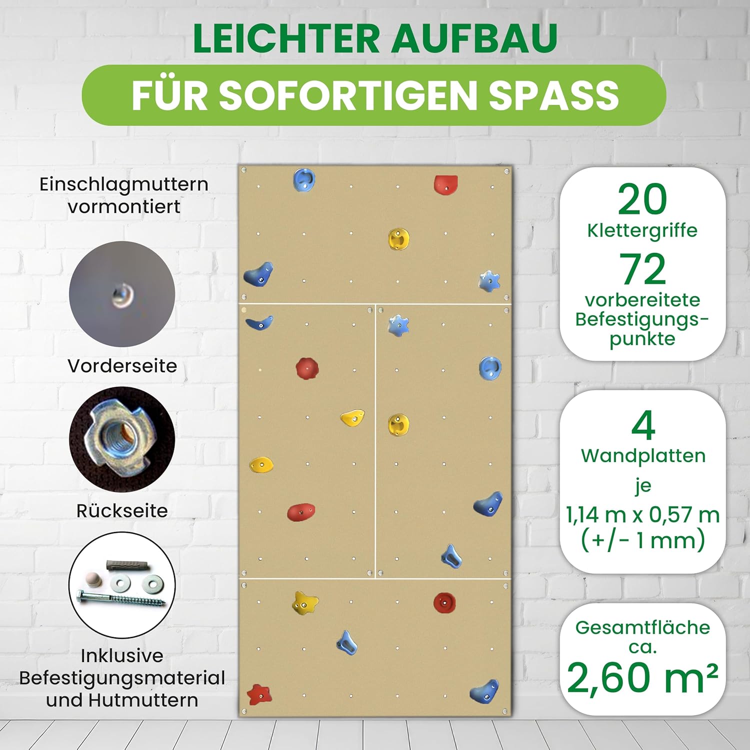 b2TyjMtH9XDjsCX Kletterwand Indoor mit bunten Klettersteinen und Montagematerial für Kinder und Erwachsene