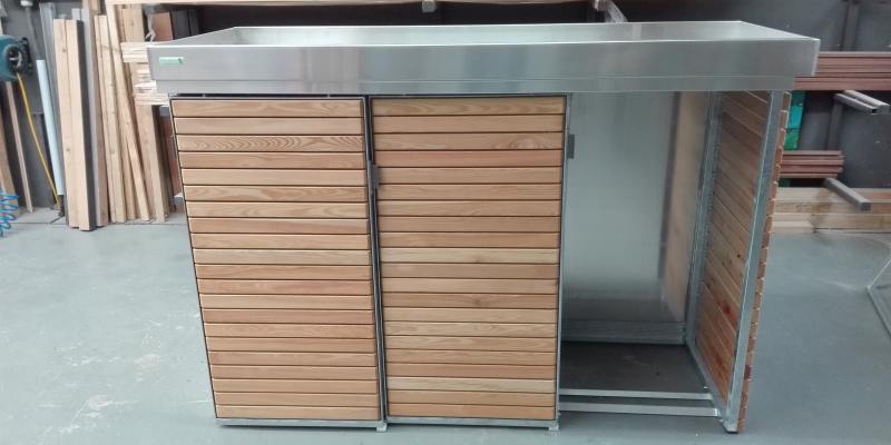 SchiebetuerywnE4pUjmAYEy Mülltonnenschrank-Systeme mit Schiebetüren Stahlgestell Echtholz für 3 Mülltonnen 120 Liter