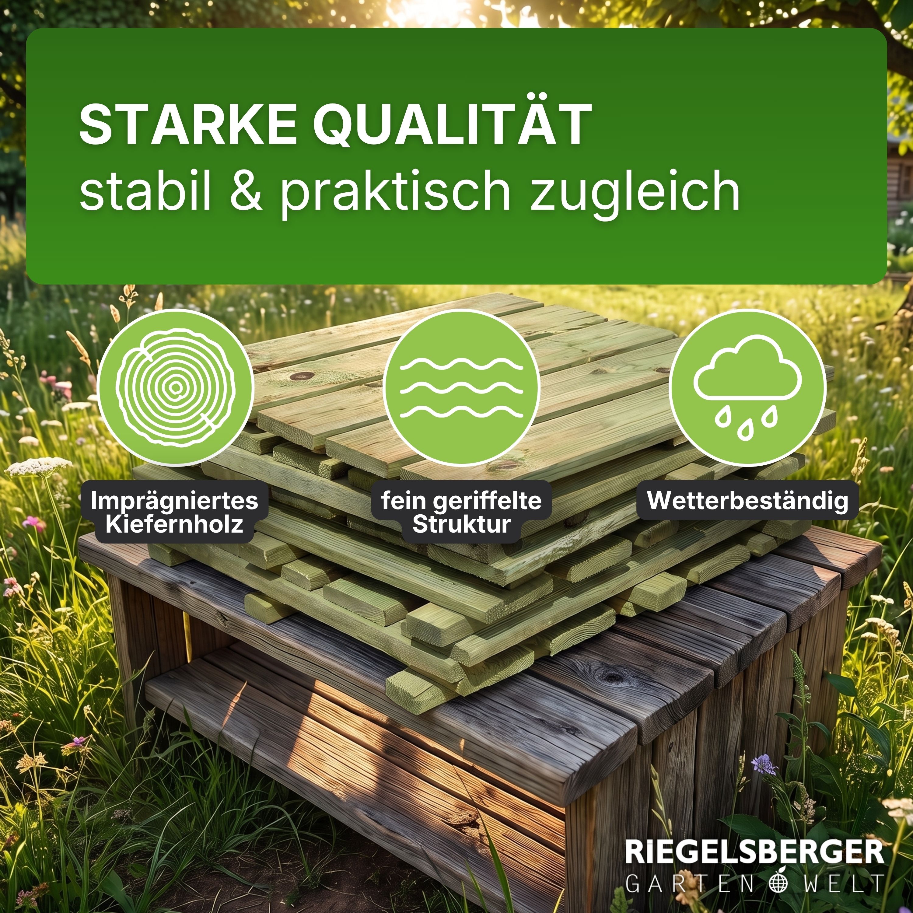 Terrassenfliese aus Kiefernholz GRÜN imprägniert 50x50cm Holzfliese Balkonfliese Fliese Terrasse