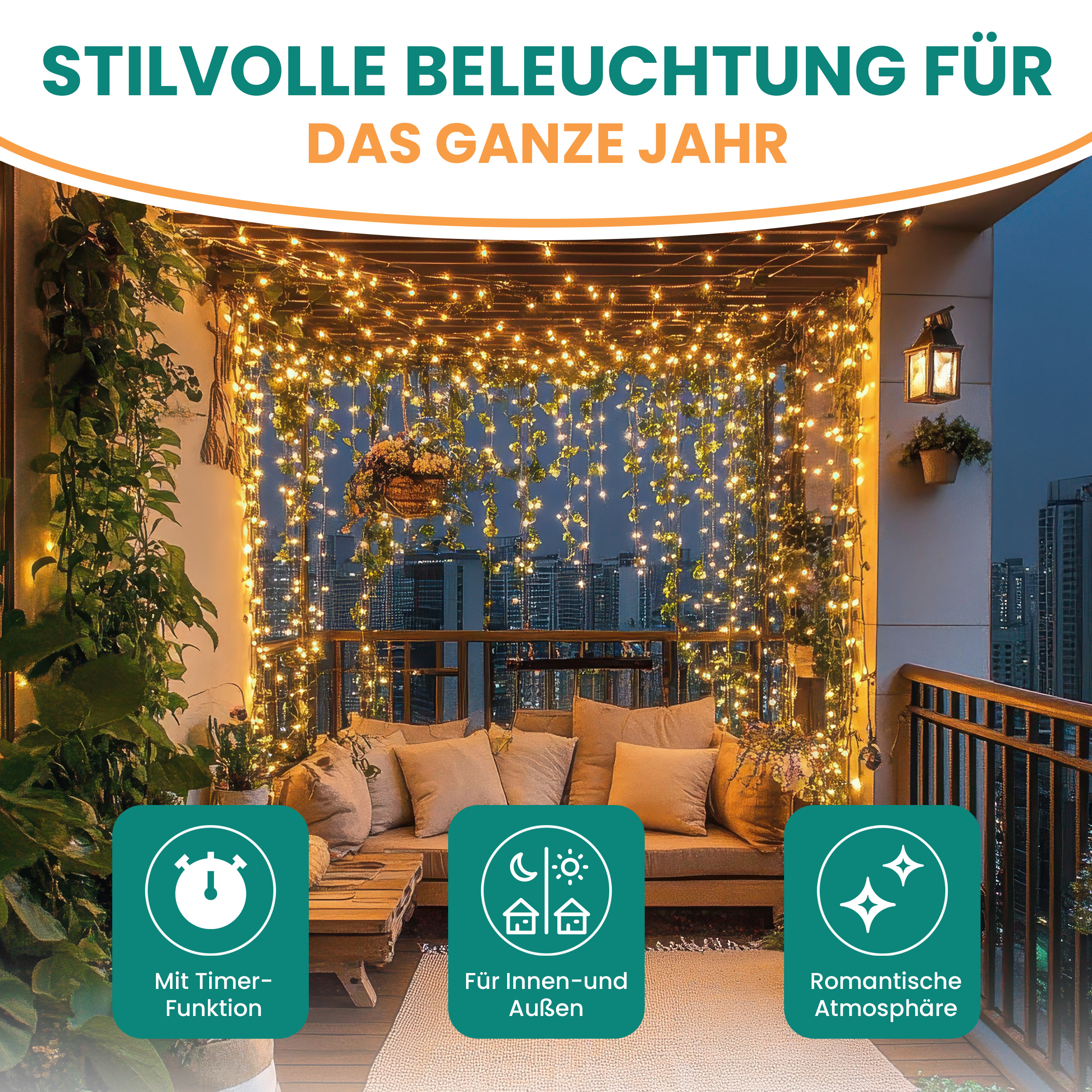 Lichternetz mit warmweißen LEDs und Timer Batteriebetrieben für innen und außen Lichternetz mit warmweißen LEDs und Timer Batteriebetrieben für innen und außen
