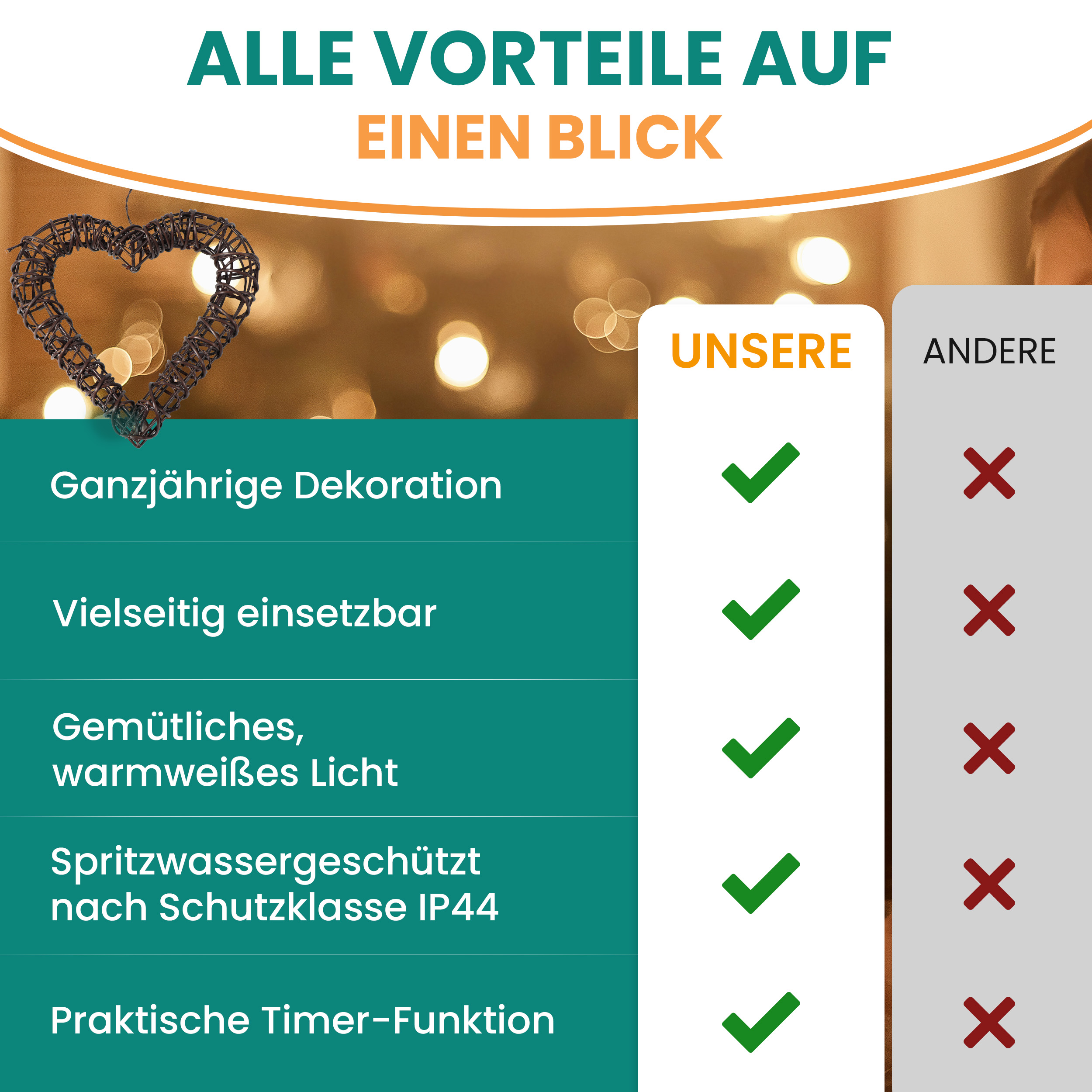 LED Herz Rattan-Optik warmweiß batteriebetrieben mit Timer