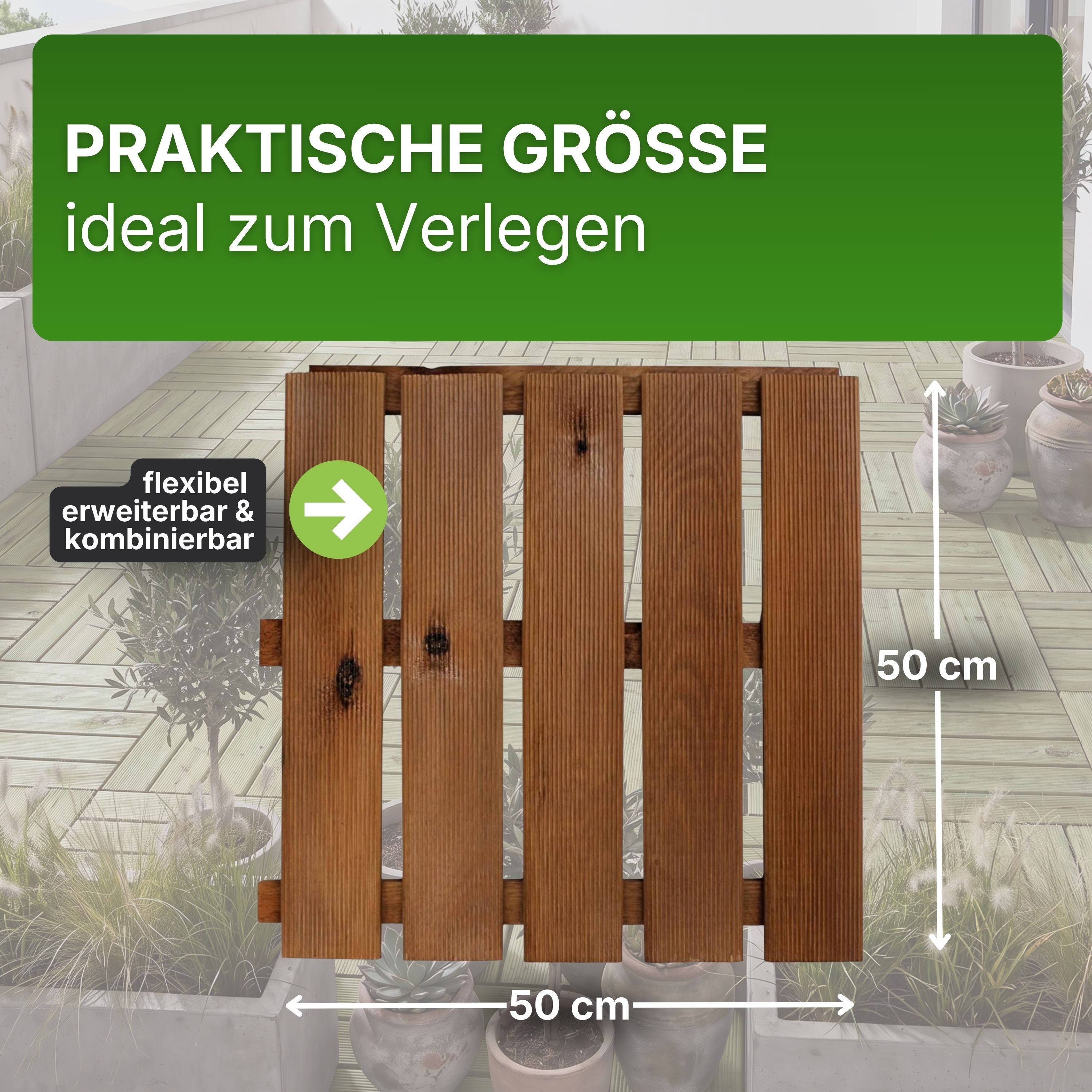 Terrassenfliese aus Kiefernholz BRAUN imprägniert 50x50cm Holzfliese Balkonfliese Fliese Terrasse