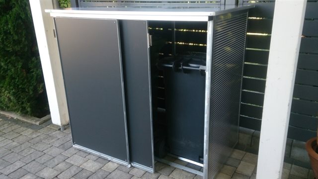 p2240-1s Mülltonnenschrank mit Schiebetüren Lochblech Resoplan für 2 Mülltonnen 240 Liter