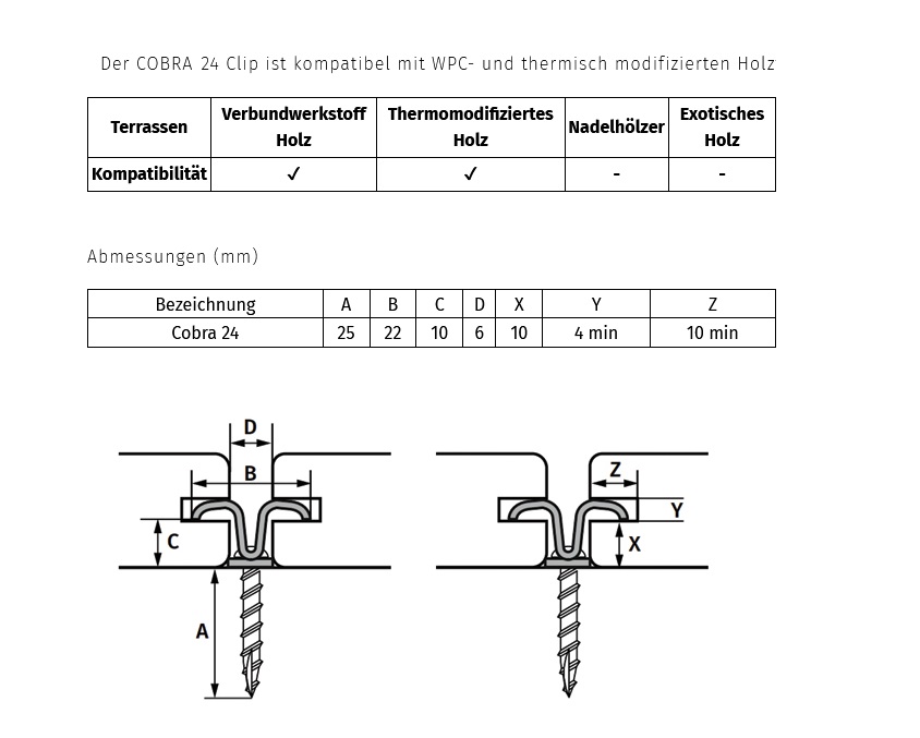cobra24-schema_ Terrassenclips Cobra24 inkl. Edelstahl-Holzschraube 4,5x25 mm für Dielen mit Bohlenstärke ab 24 mm
