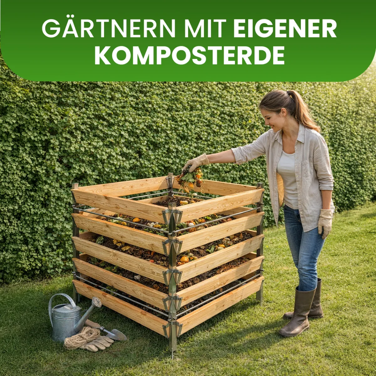 Eleganter Komposter Single 120x120xH100 cm aus Lärche mit Edelstahlpfosten
