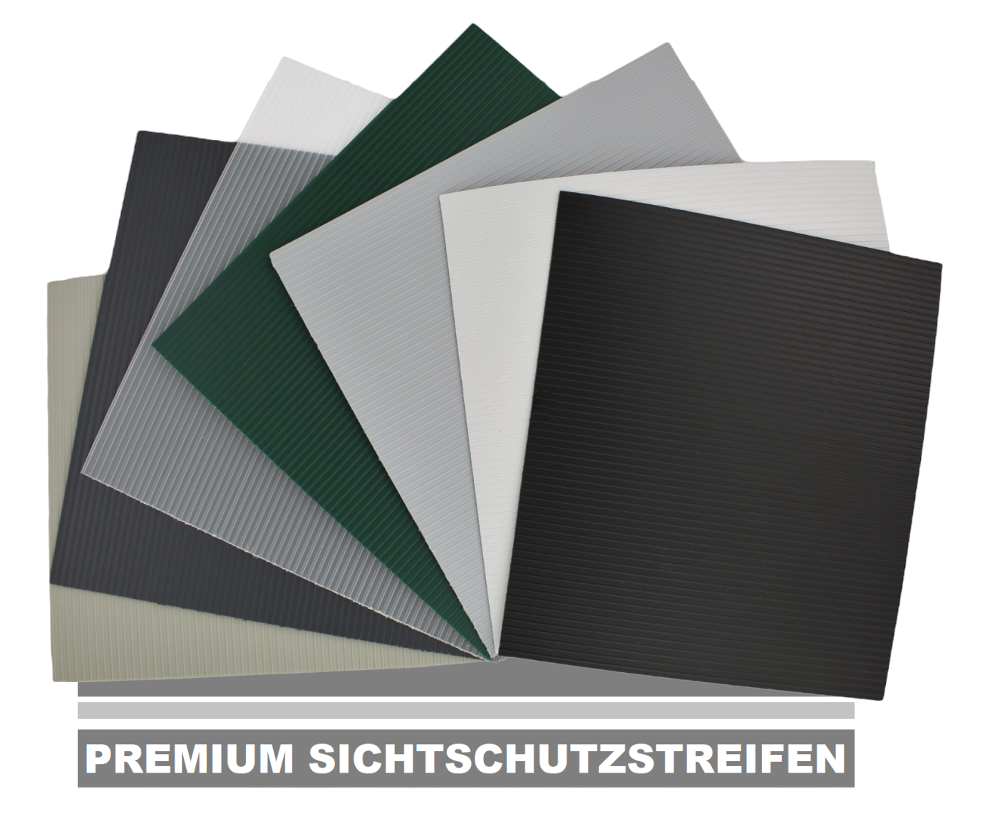 Premium-Sichtschutzstreifen-PhotoRoom-PhotoRoom MUSTERBOX Handmuster Polypropylen PP Sichtschutzstreifen (7 Farben) MADE IN GERMANY