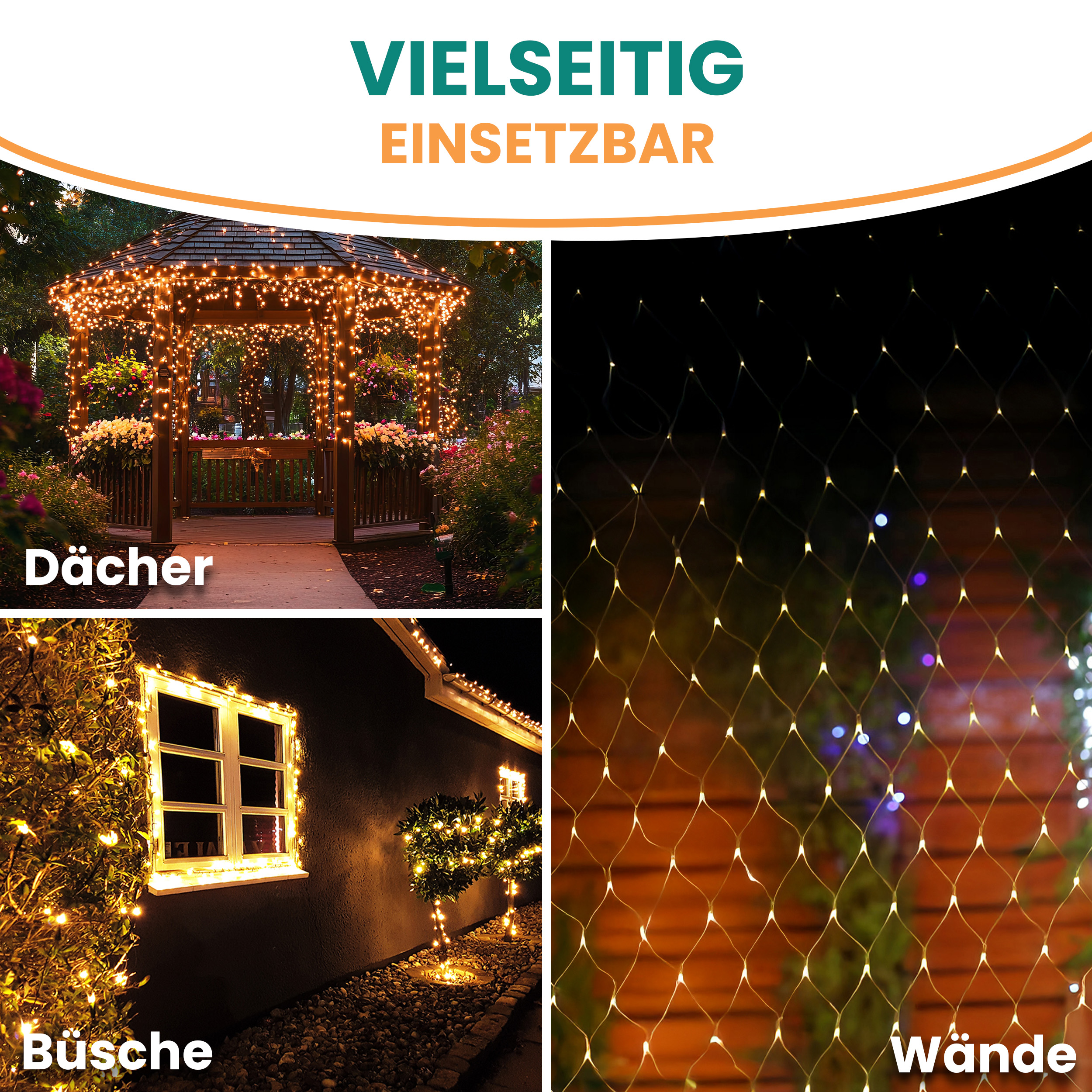 Lichternetz mit warmweißen LEDs und Timer Batteriebetrieben für innen und außen Lichternetz mit warmweißen LEDs und Timer Batteriebetrieben für innen und außen