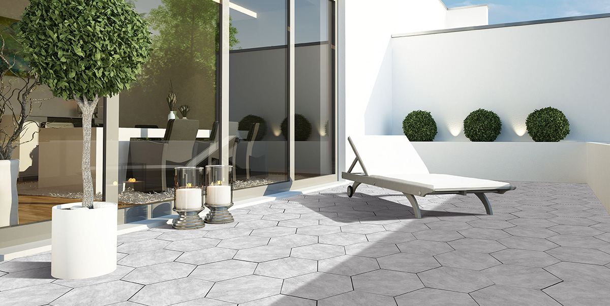 ESAGONO_QUARZITE_BIANCA_AMB KERAMIKPLATTE ESAGONO QUARZITE BIANCA NATURAL Ø 60-52x2 cm FEINSTEINZEUG MODERN 16,10 m², 70 STK.