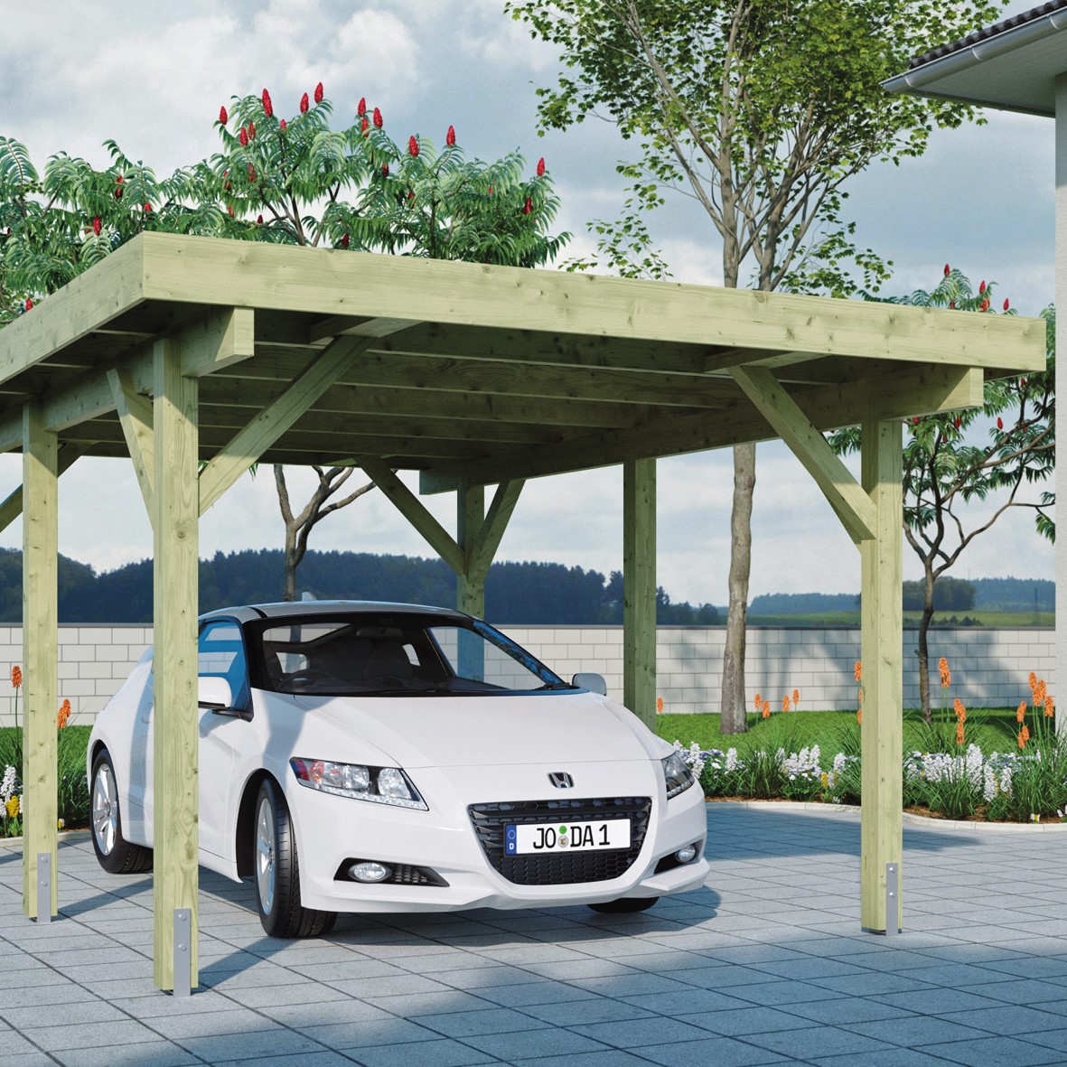 shop_einzelcarport Einzelcarport XL Flachdach B380 x T750 cm Bausatz ohne Dacheindeckung Pfosten 12x12cm Wohnmobil