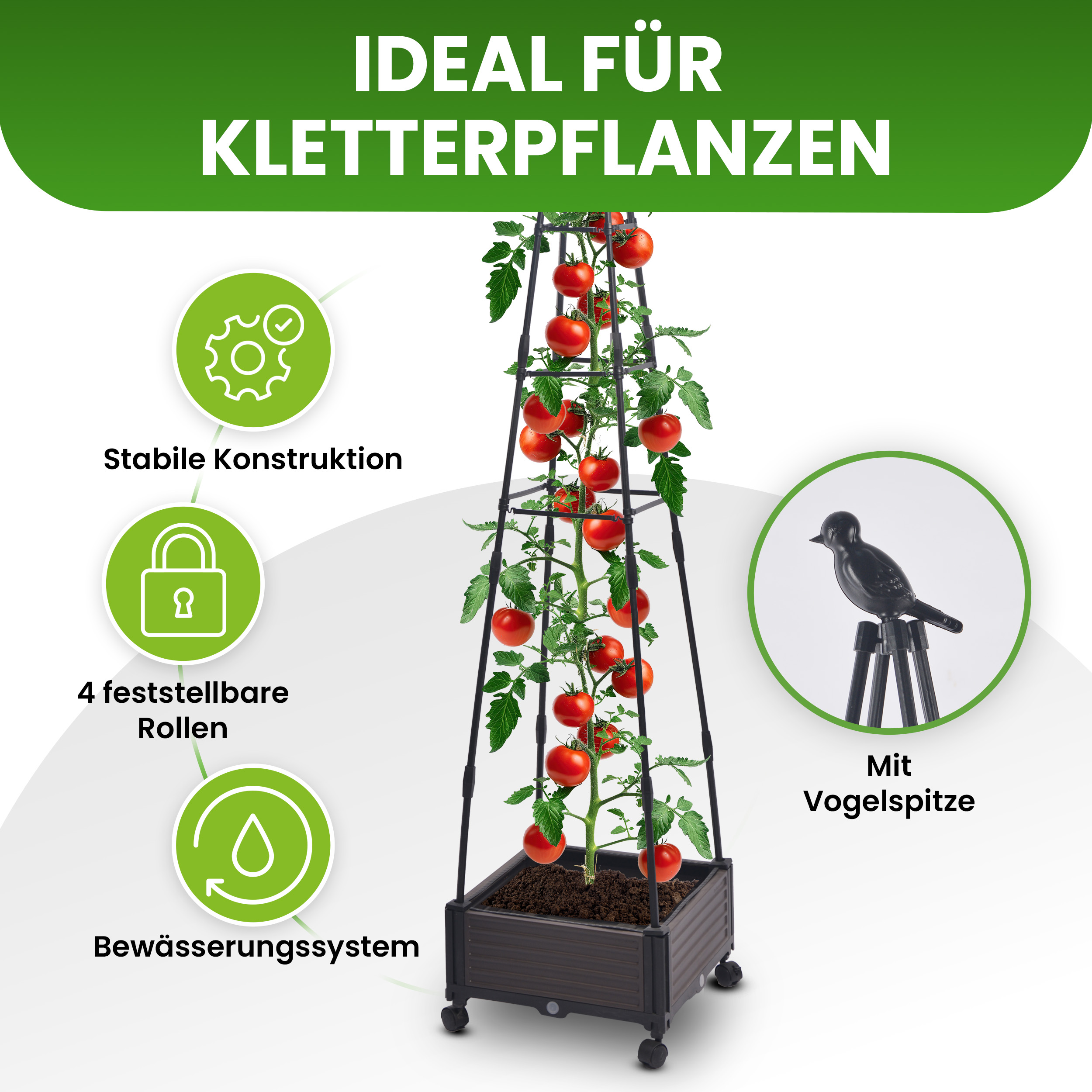 02WGV7Rhl8etxr0 Pflanzkasten mit Rankhilfe gespitzt 41x41x200 cm Blumenkasten auf Rädern Blumentopf für Garten