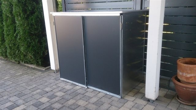 p2240-2s Mülltonnenschrank mit Schiebetüren Lochblech Resoplan für 2 Mülltonnen 240 Liter