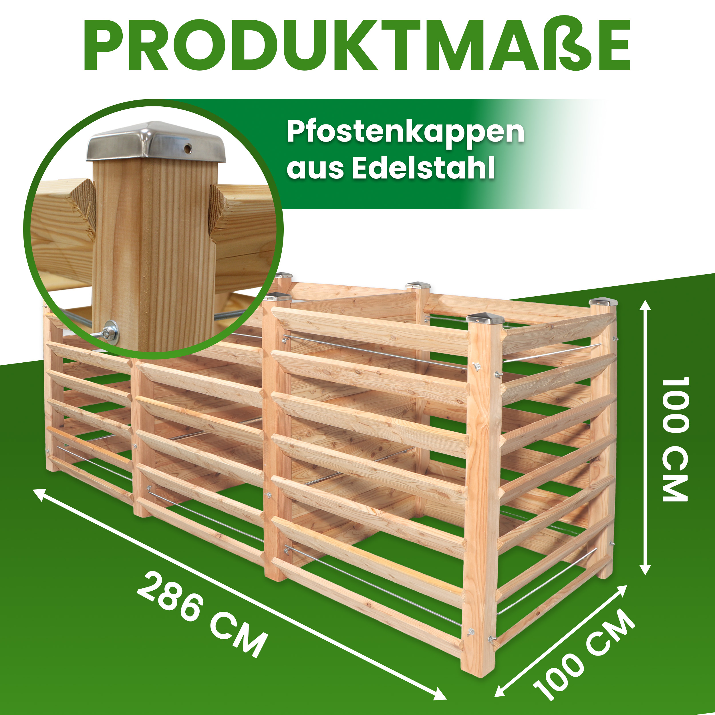 Moderner Komposter Trio aus Lärchenholz 100x286xH100 cm mit Stecksystem