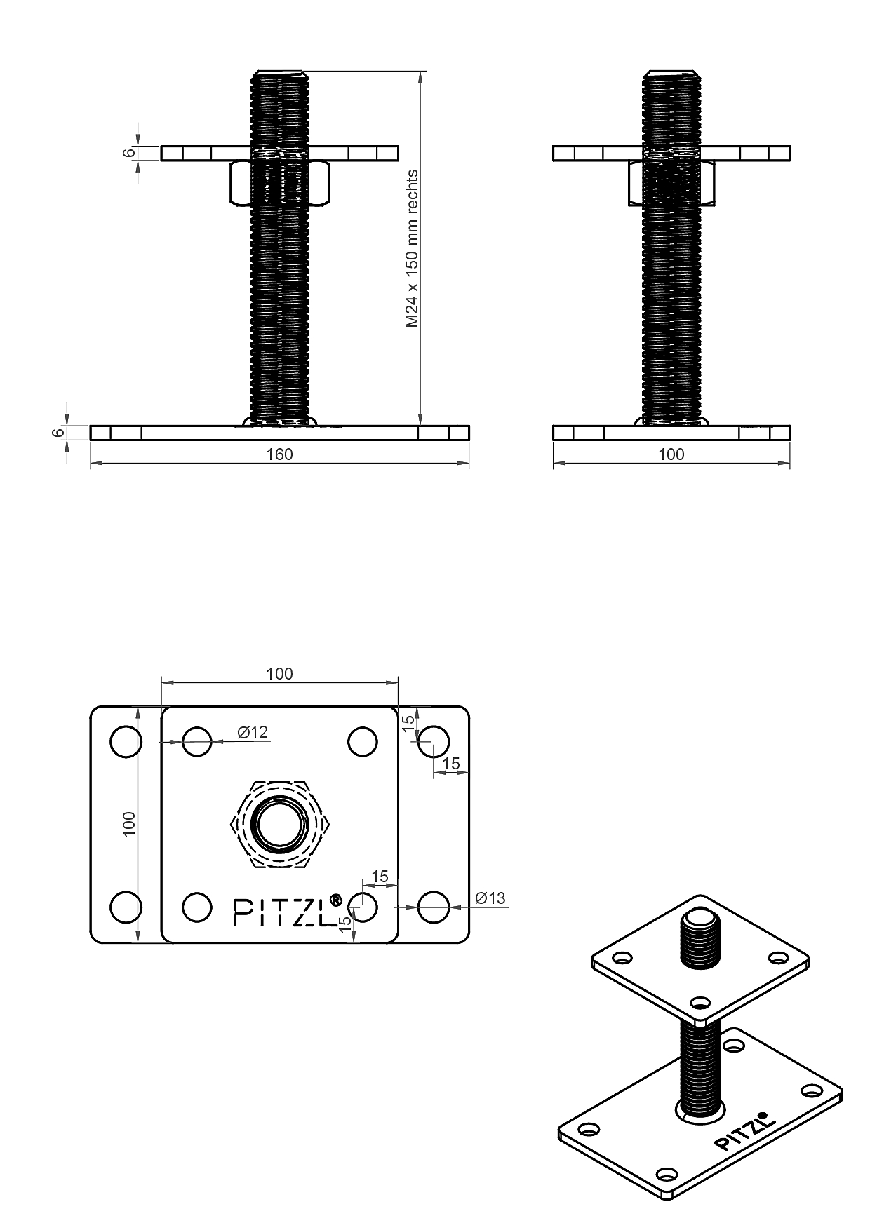 Pitzl Pfostenträger Gewindestangen Typ 11013., ZiNiP beschichtet