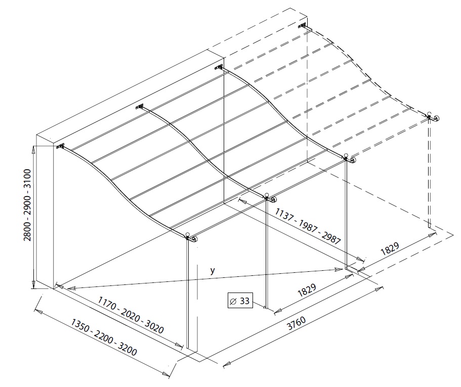 Zeichnung Unopiu Gebogene Anbaupergola Solaire Überdachung Set Breite 376 cm