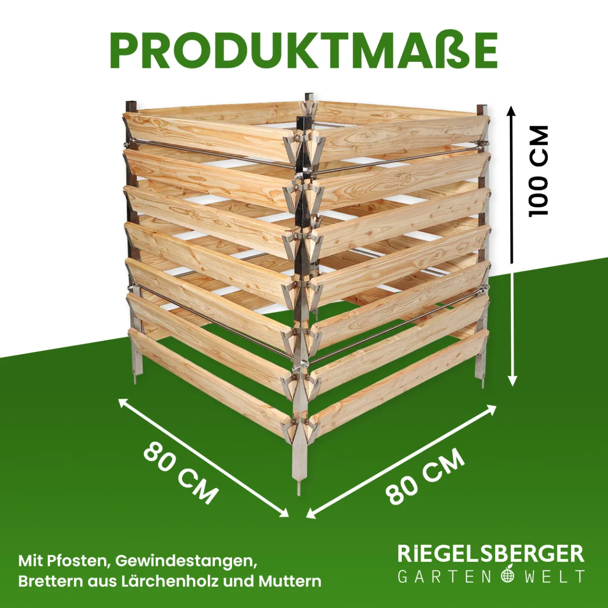 Eleganter Komposter Single 80x80xH100 cm aus Lärche mit Edelstahlpfosten 