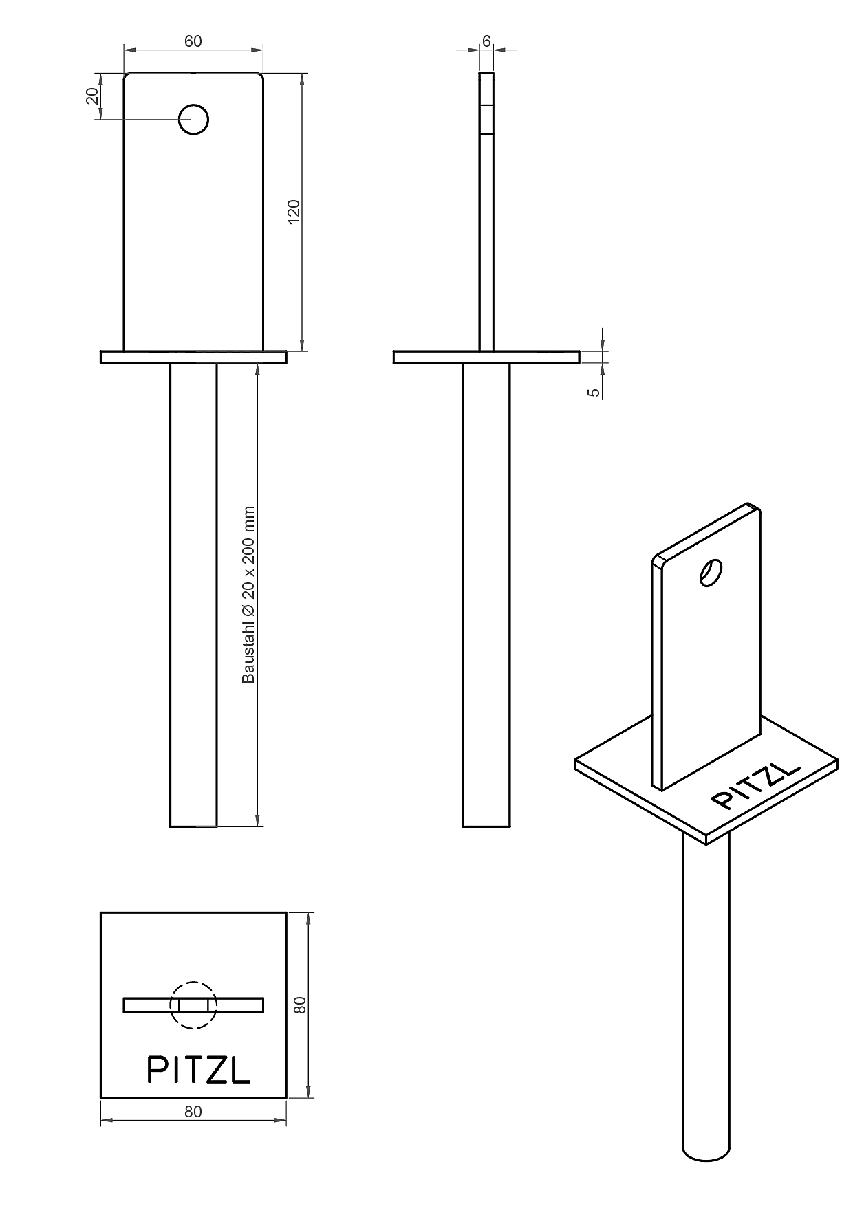 Pitzl Pfostenträger zum Einbetonieren starre Ausführung mit Schwert (+Betonstahl), feuerverzinkt