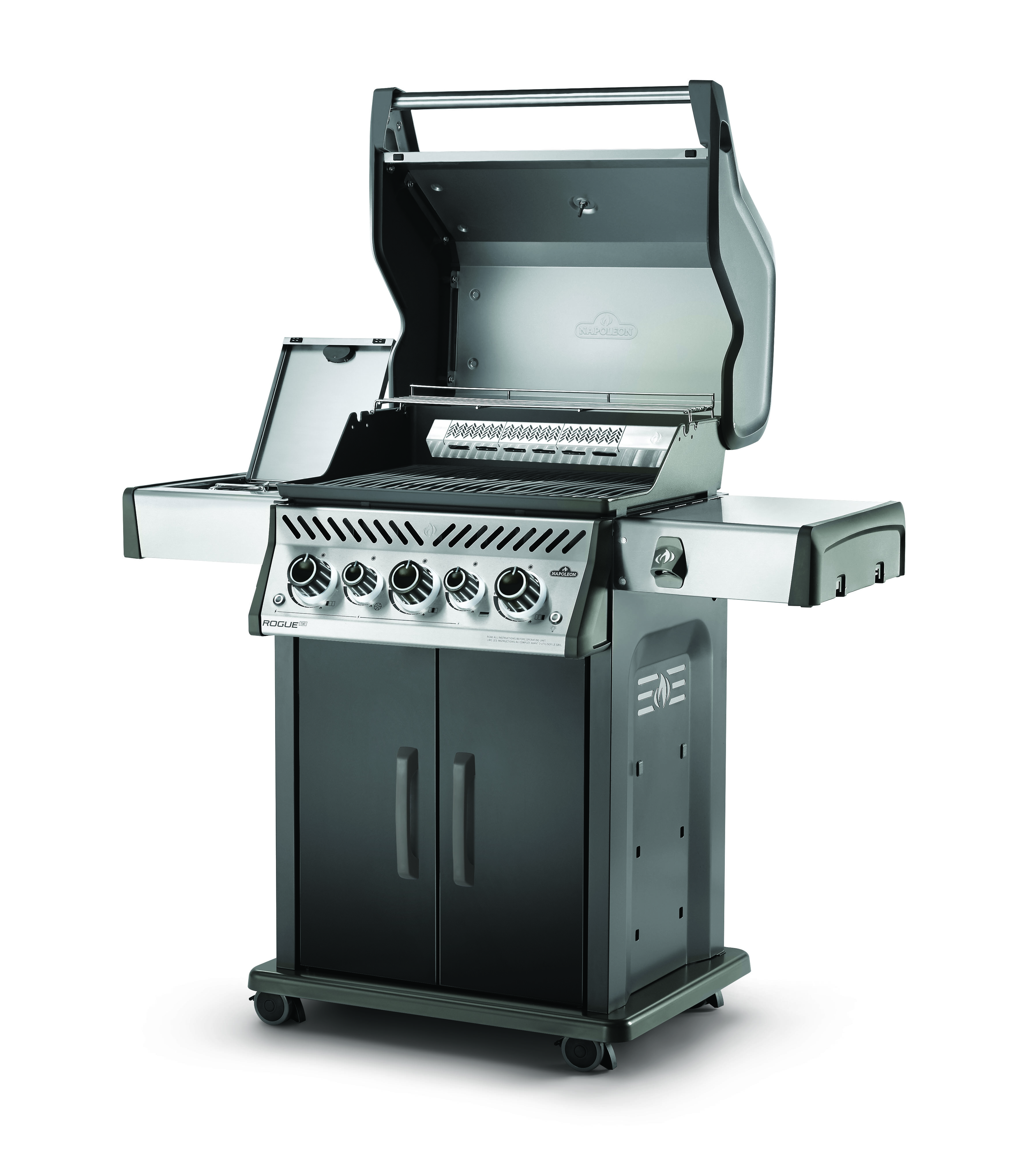 rse425rsibpk_angle_lid_open Napoleon Gasgrill Rogue SE425, mit Heck- und Seitenbrenner, Schwarz, inkl. Drehspieß