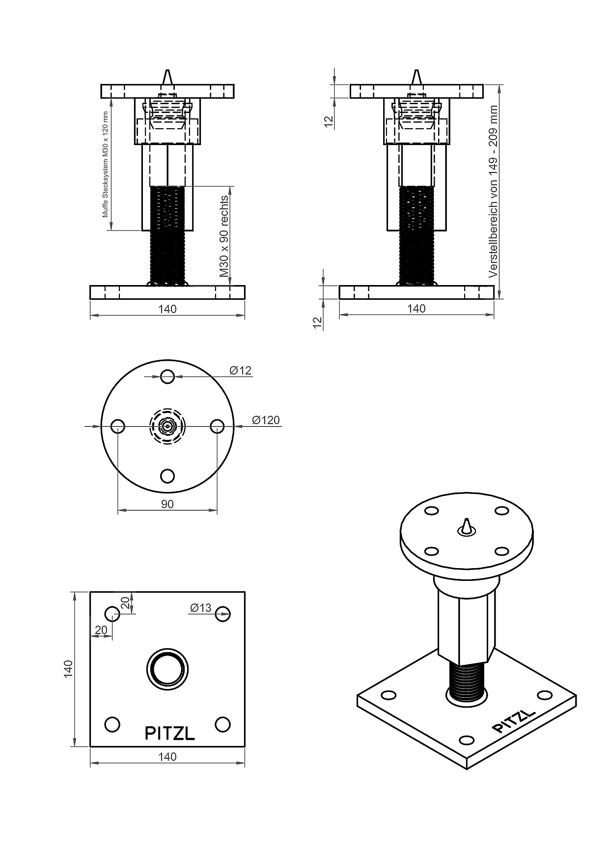 10529-1093 Pitzl Pfostenträger Schwer Stecksystem Z m. Zentrierspitze, ZiNiP beschichtet