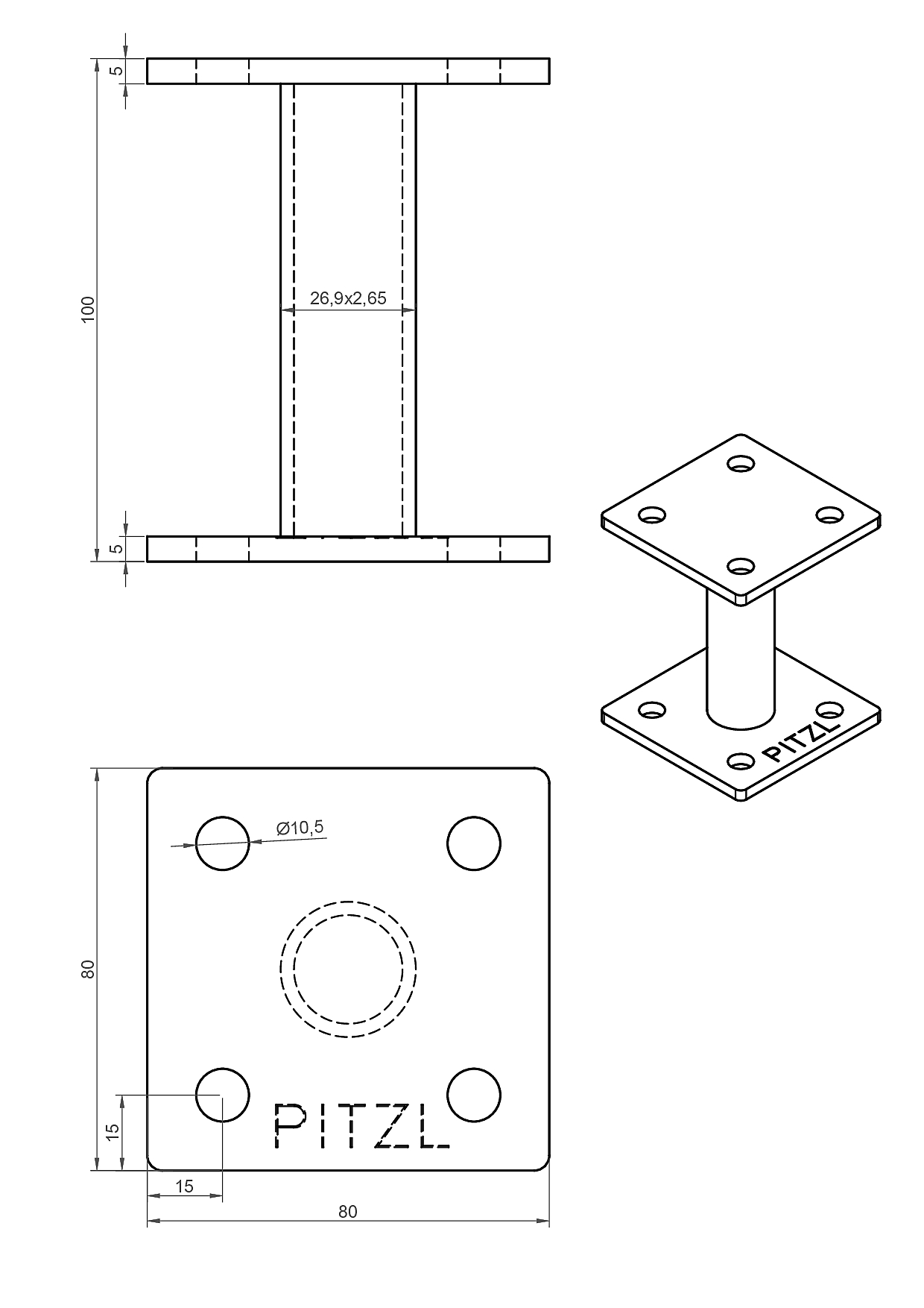 Pitzl Pfostenträger starre Ausführung quadratische obere Platte, ZiNiP beschichtet