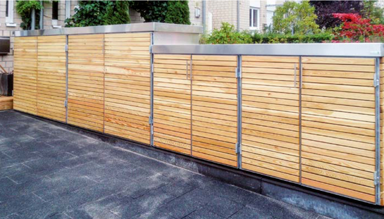 Mülltonnenschrank-Systeme mit Drehtüren Stahlgestell Echtholz für 2 Mülltonnen 120 Liter