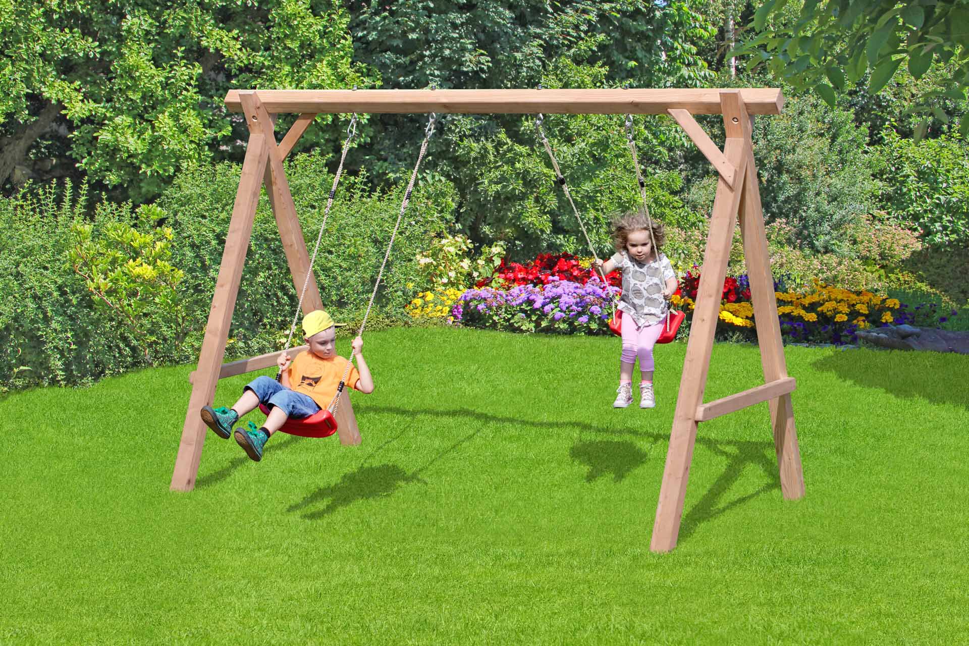 67181_Garten_ Doppelschaukel Sina aus Lärchenholz Kinderschaukel mit zwei roten Schaukelsitzen TÜV geprüft