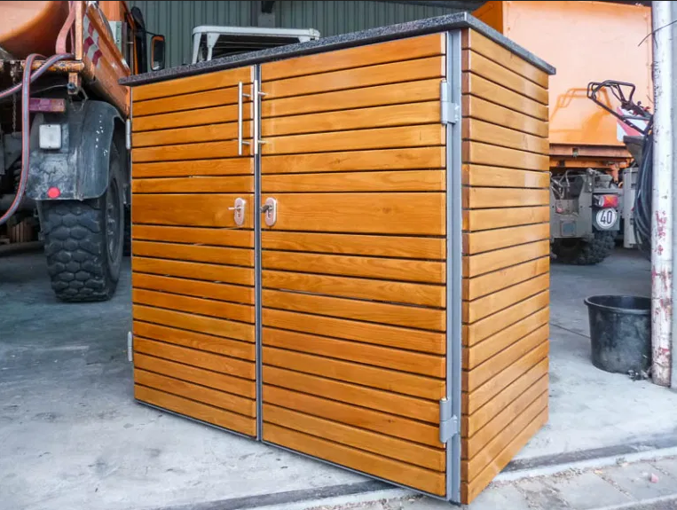 Mülltonnenschrank-Systeme mit Drehtüren Stahlgestell Echtholz für 2 Mülltonnen 240 Liter