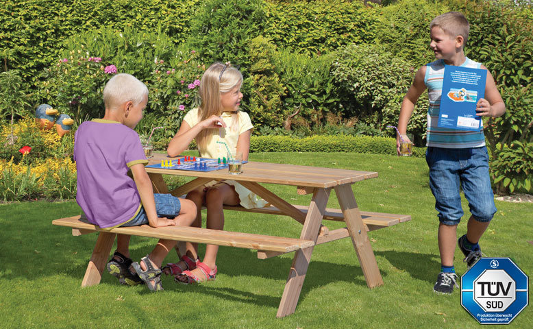 Picknicktisch Sandy für 6 Kinder aus Lärchenholz Kindersitzgruppe Tisch mit Bank XL