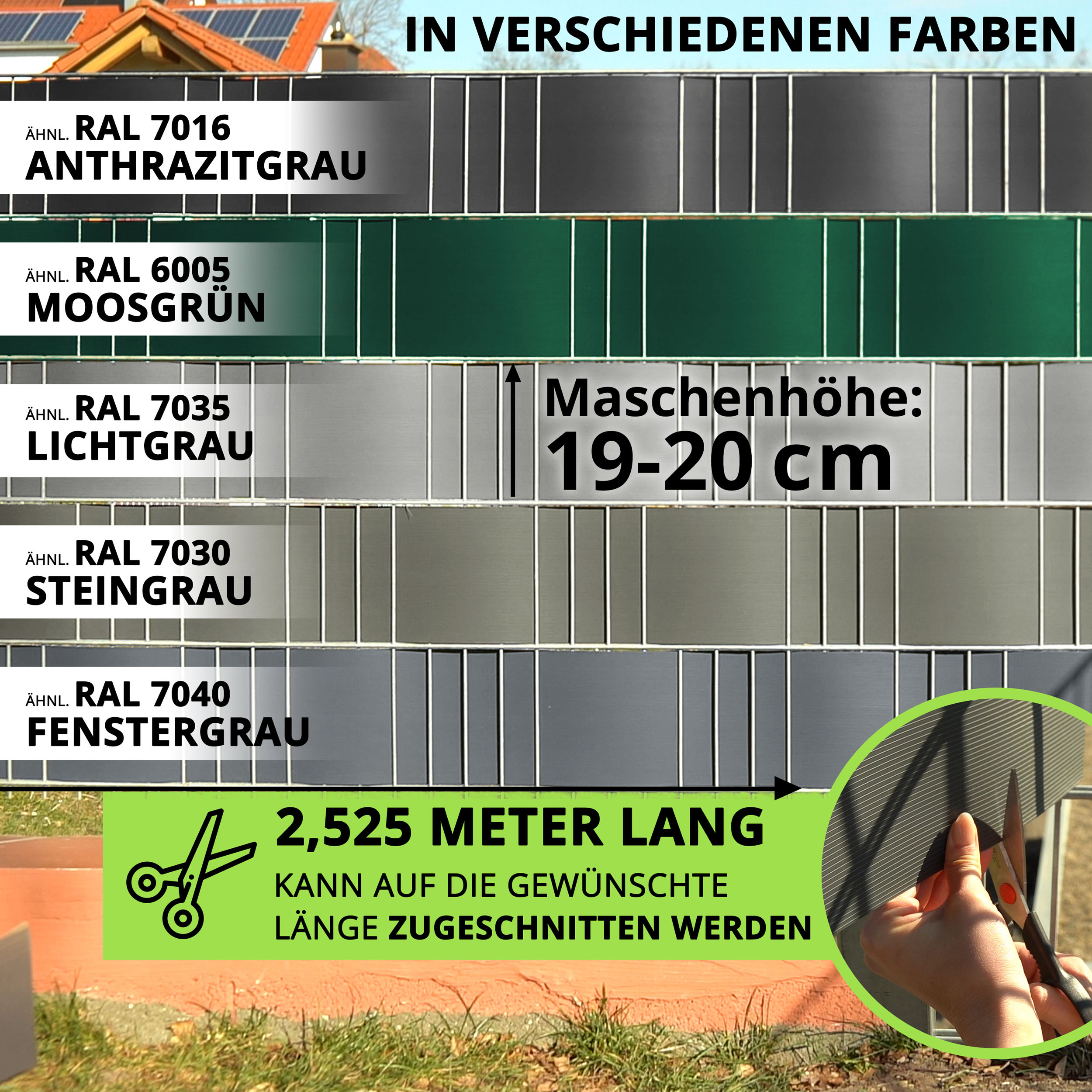 004 PREMIUM HART PVC Sichtschutzstreifen für Doppelstabmatten 2525 x 190 x 1,35 mm Sichtschutz
