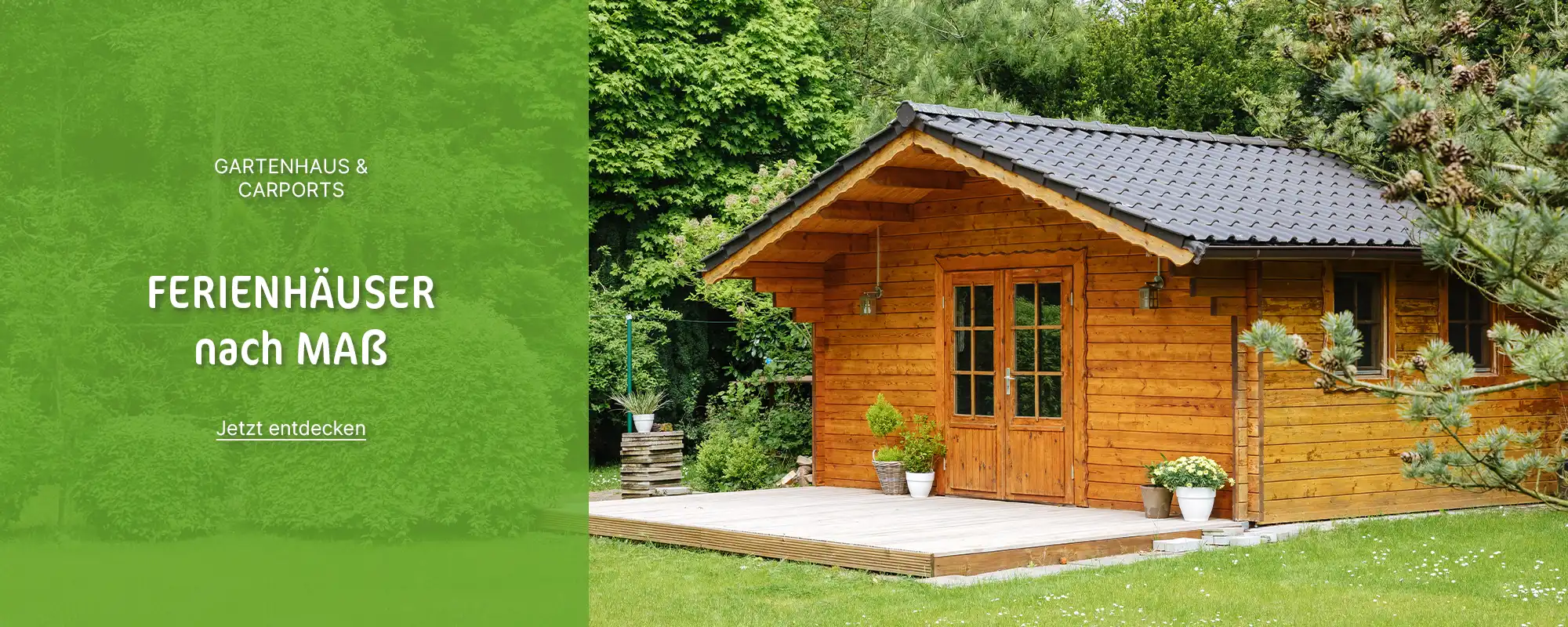 Ferienhaus aus Holz mit Titel "Ferienhäuser nach Maß"