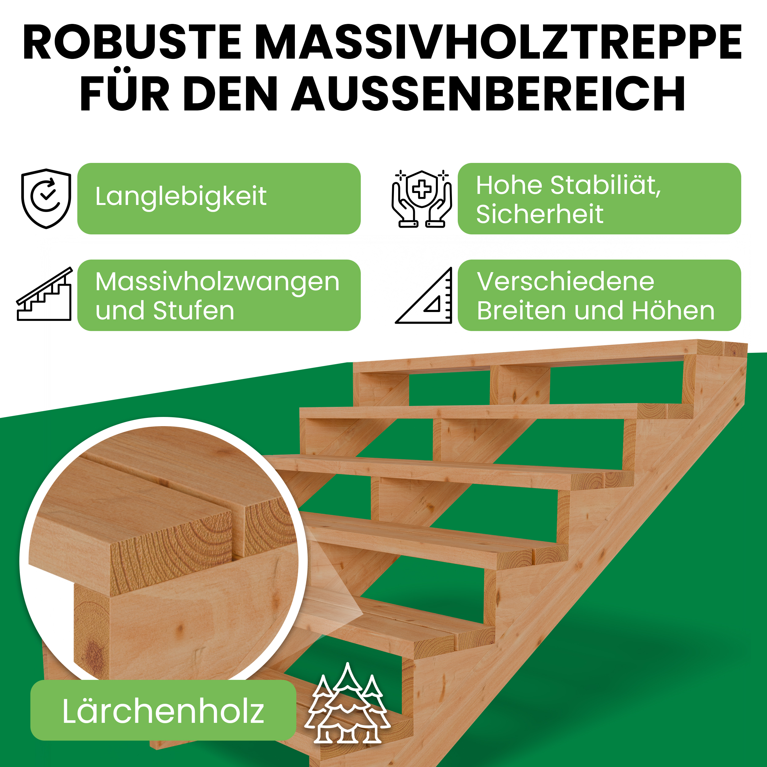 Terrassentreppe Lärche 6 Stufen 150 cm – Komplettset mit Stufen