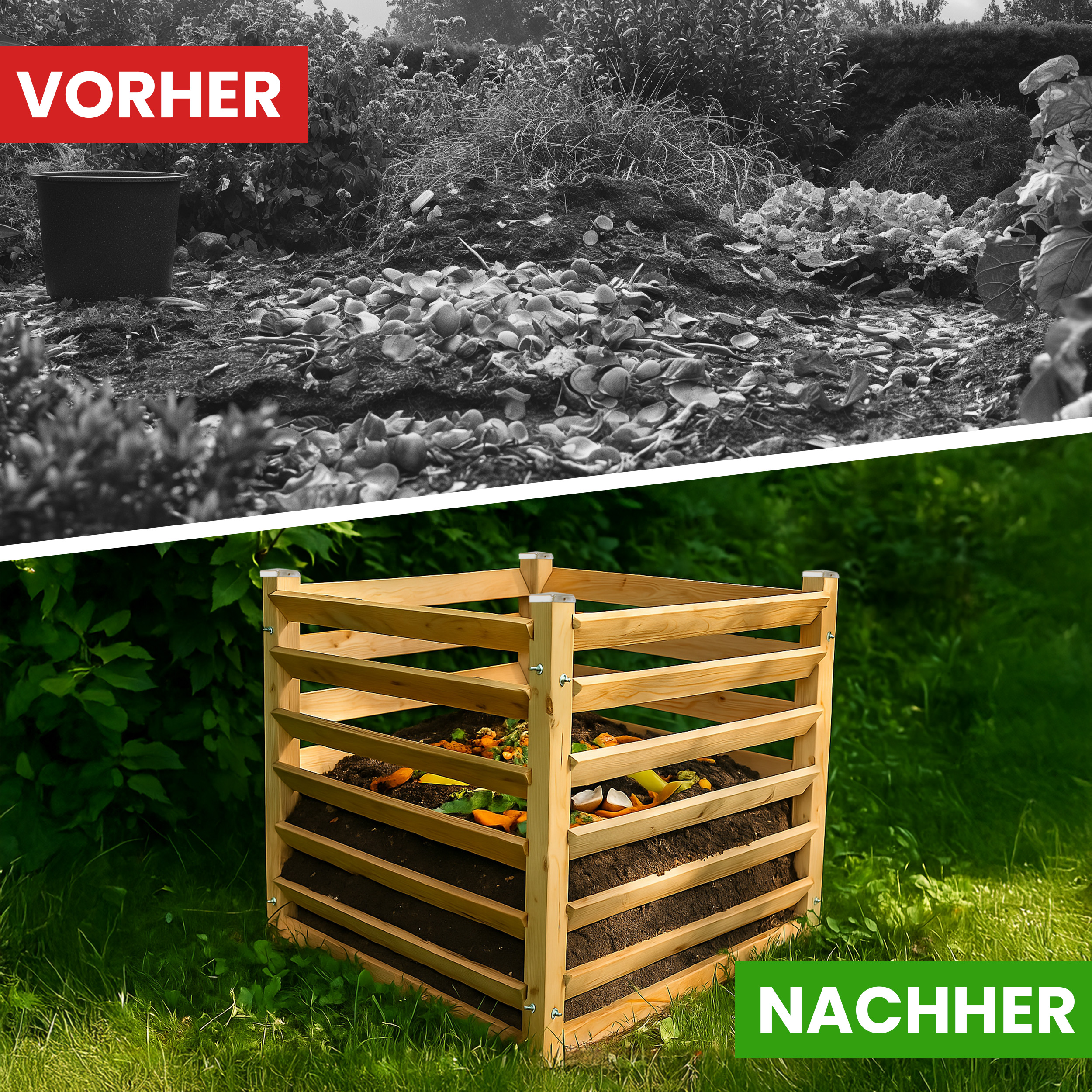 Moderner Komposter Single 80x80xH100 cm aus Lärchenholz Massivholz Steckkomposter Kompostsilo Holzkomposter