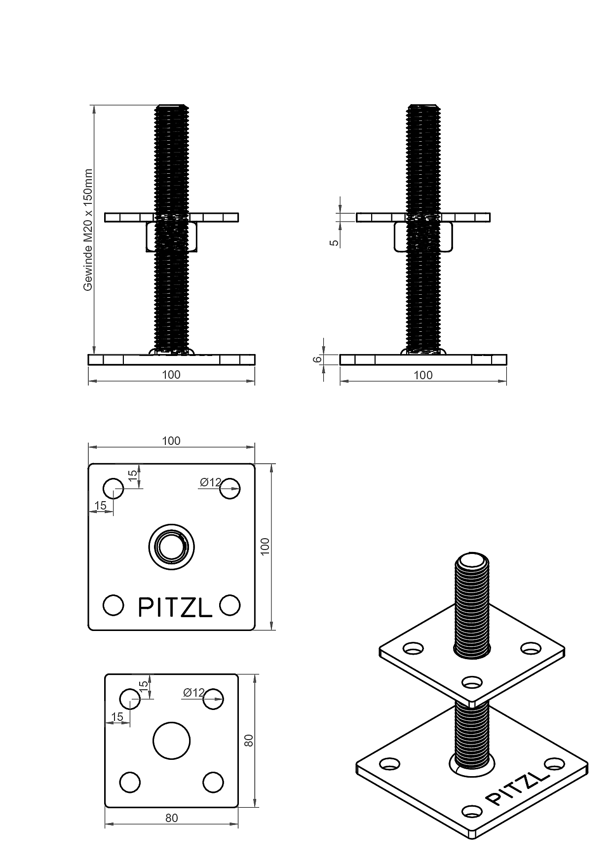Pitzl Pfostenträger Gewindestangen Typ 11009., ZiNiP beschichtet